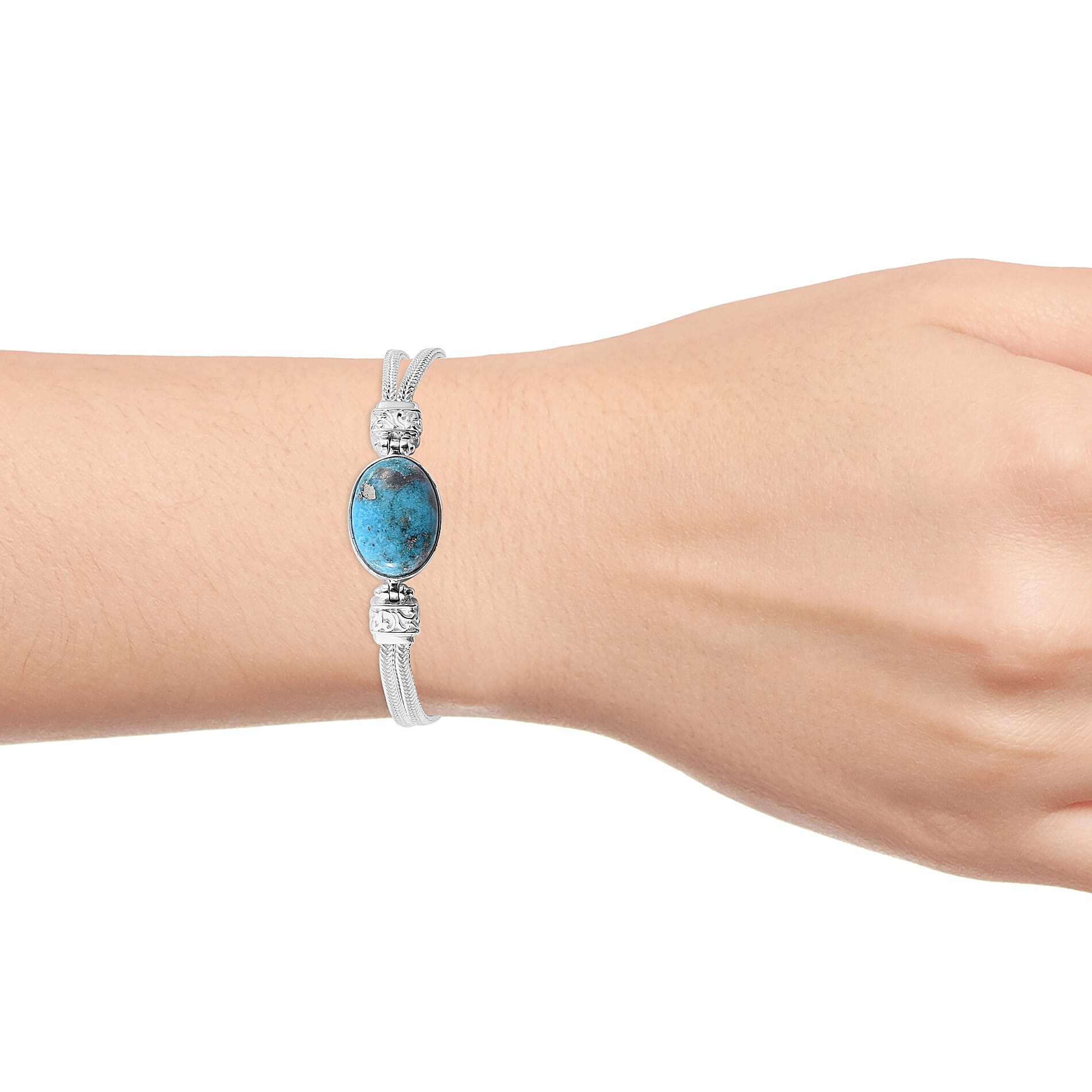 Persian Turquoise (Ovl 18x13 mm) Bracelet (Size 7.5) in Sterling Silver 12.200 Ct, Silver wt 17.68 Gms
