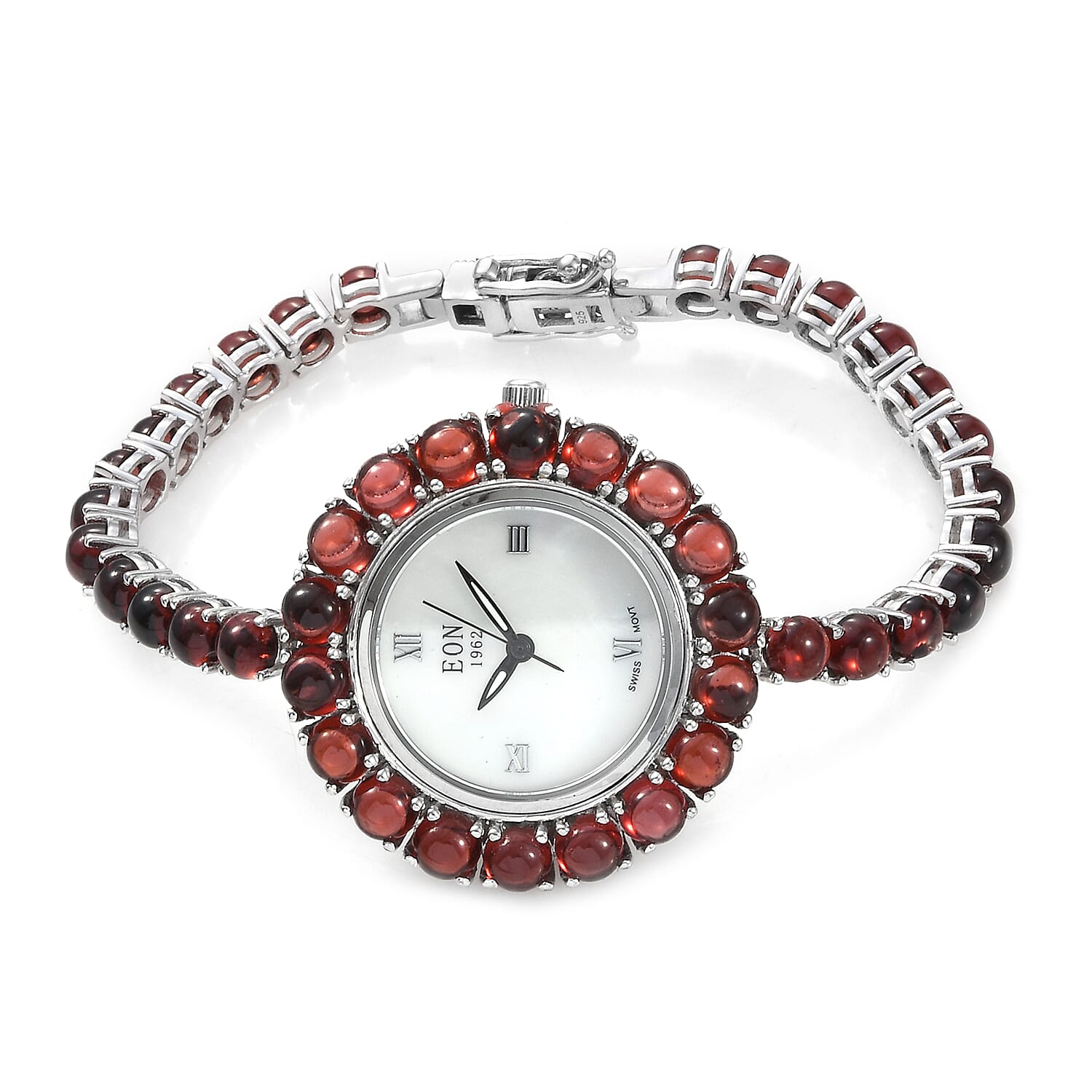 EON 1962 Mozambique Garnet (25.25 Ct) Bracelet Watch (Size 7) in Platinum Overlay Sterling Silver, Silver wt 19.00 Gms