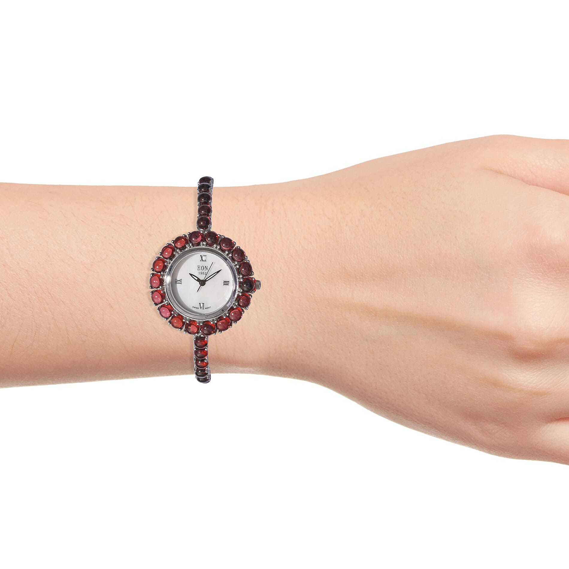 EON 1962 Mozambique Garnet (25.25 Ct) Bracelet Watch (Size 7) in Platinum Overlay Sterling Silver, Silver wt 19.00 Gms