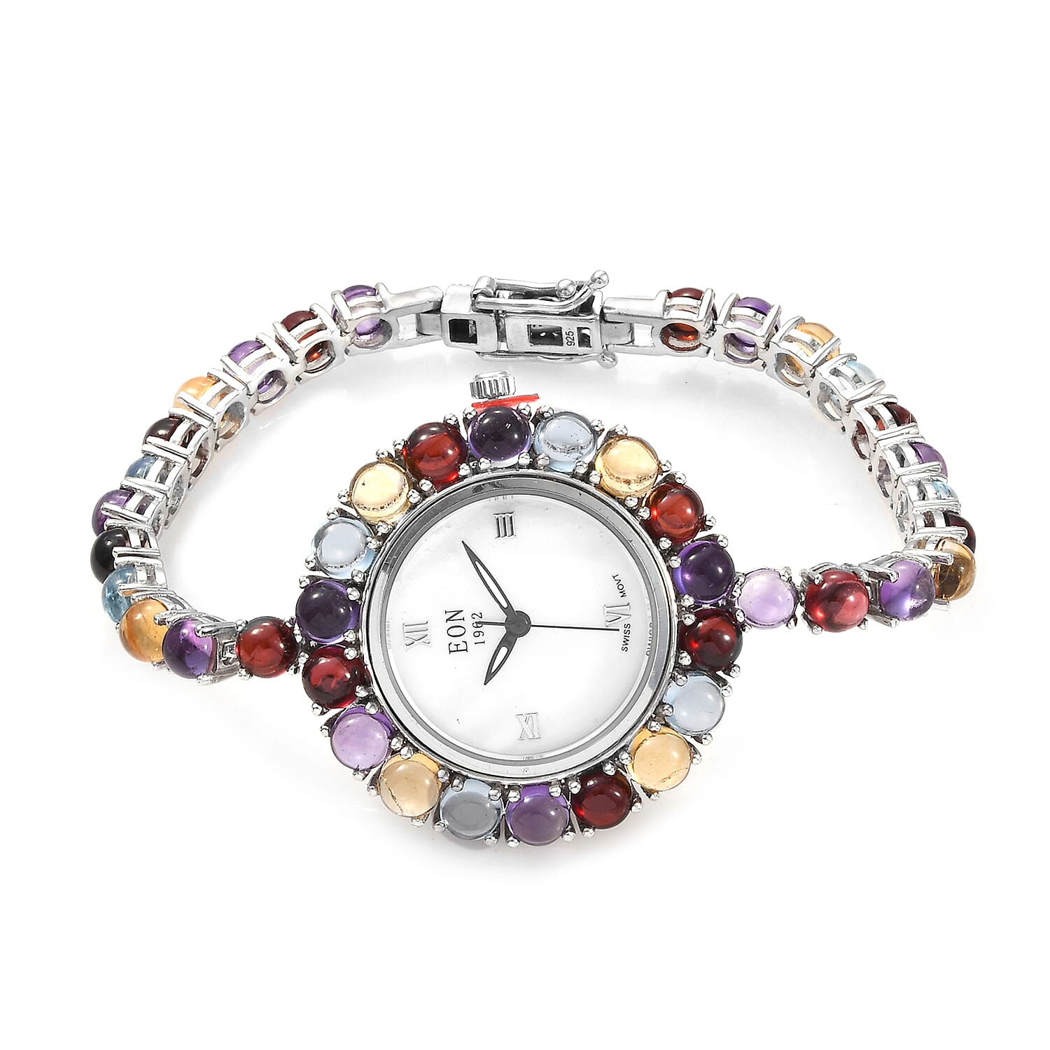 EON 1962 Multi Gemstone (25.00 Ct) Bracelet Watch (Size 7) in Platinum Overlay Sterling Silver, Silver wt 19.00 Gms