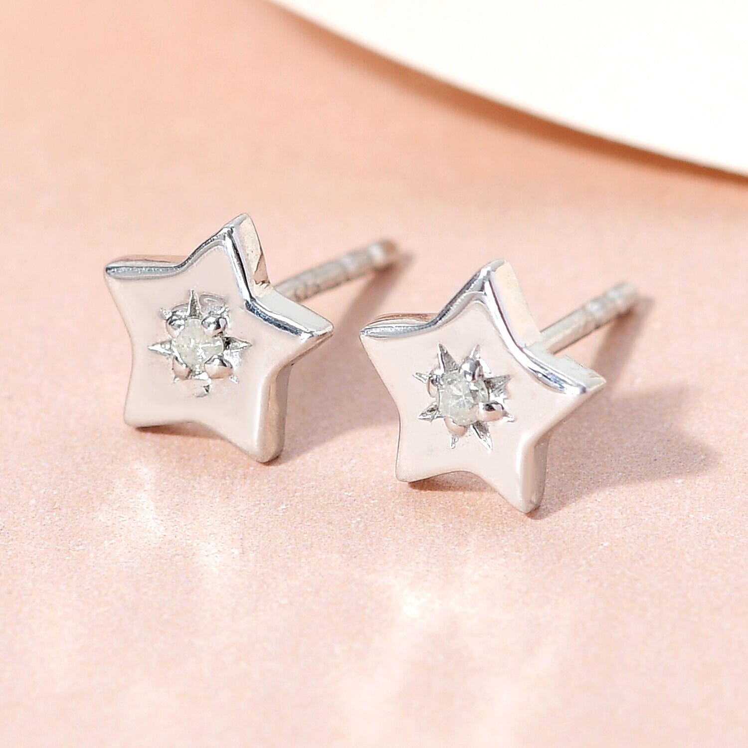 Natural Diamond Star Stud Earrings (with Push Post) in Platinum Overlay Sterling Silver