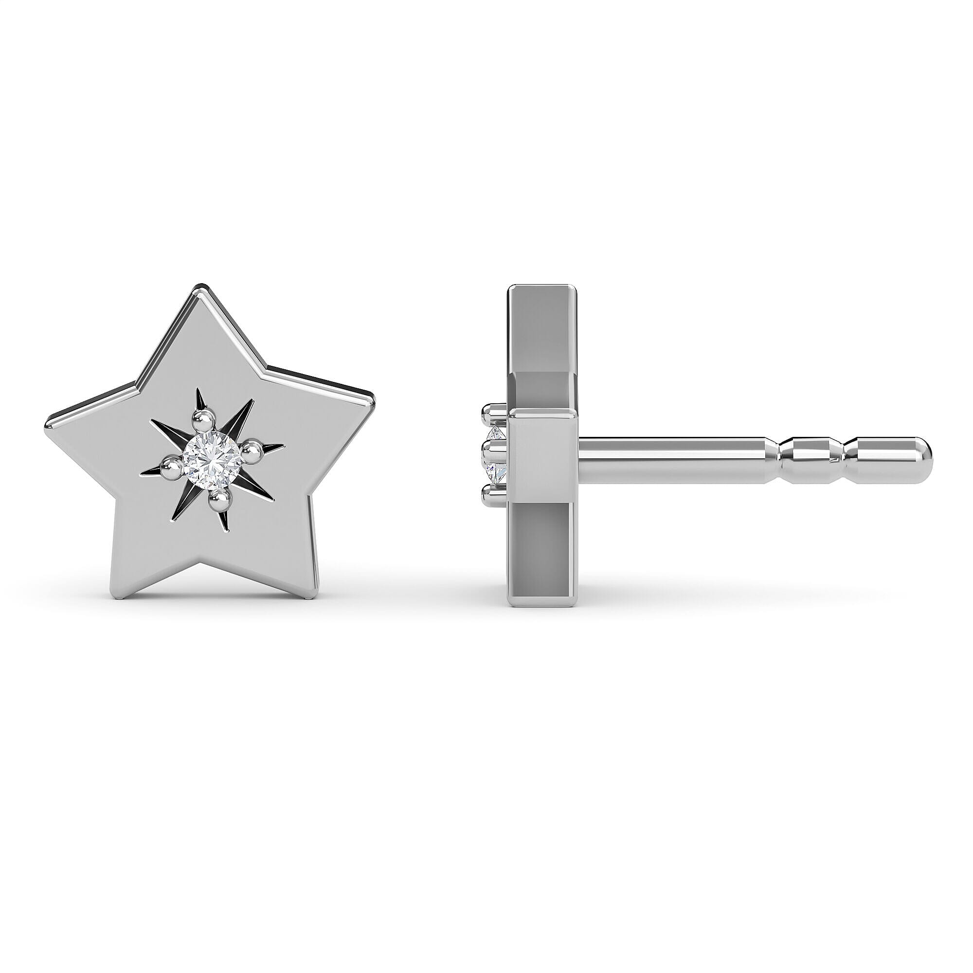 Natural Diamond Star Stud Earrings (with Push Post) in Platinum Overlay Sterling Silver