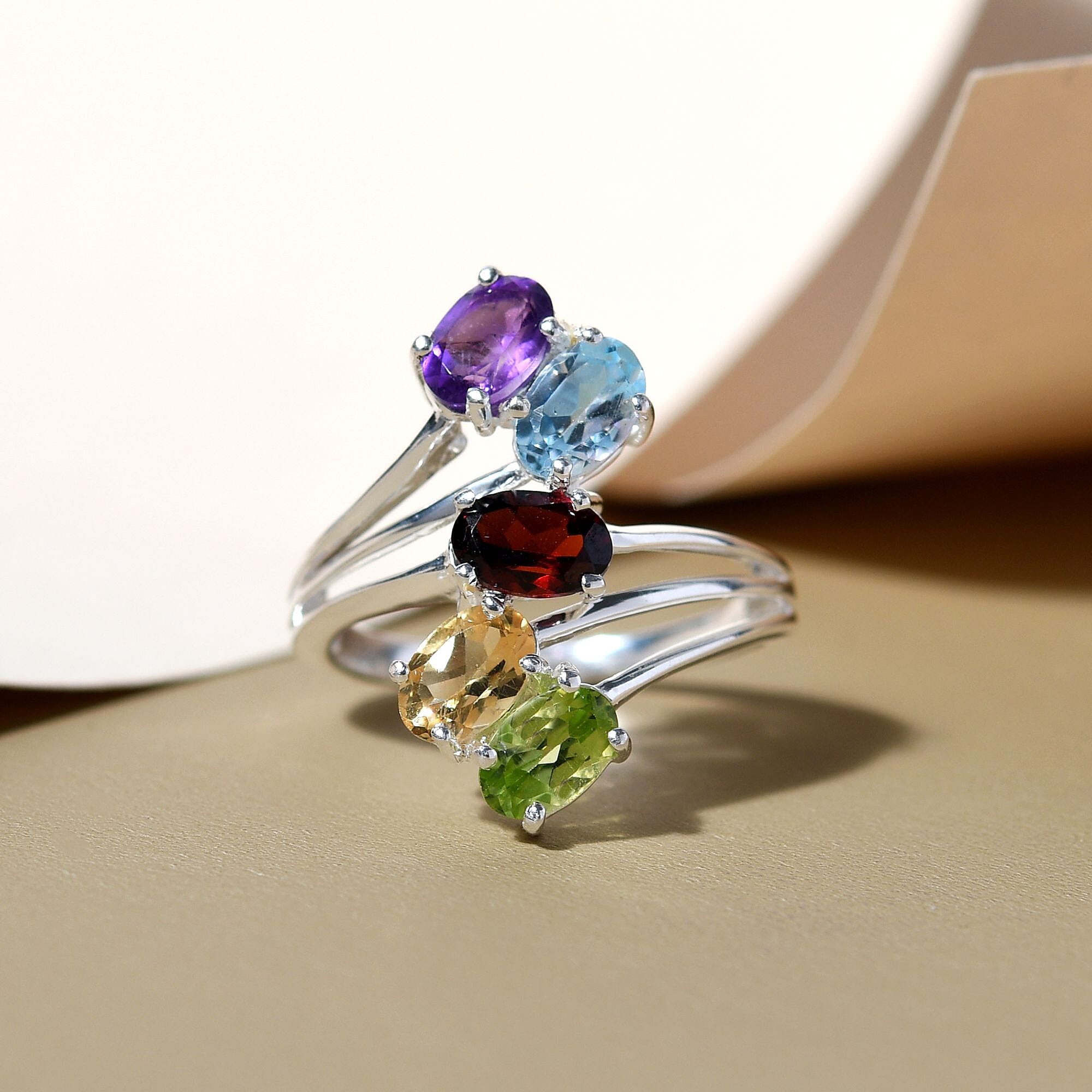 Sky Blue Topaz, Mozambique Garnet, Hebei Peridot and Multi Gemstone Bypass Ring in Sterling Silver 2.50 Ct