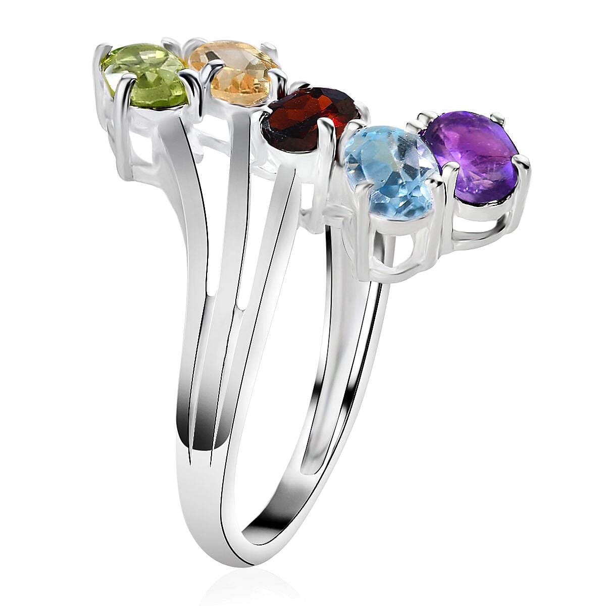 Sky Blue Topaz, Mozambique Garnet, Hebei Peridot and Multi Gemstone Bypass Ring in Sterling Silver 2.50 Ct
