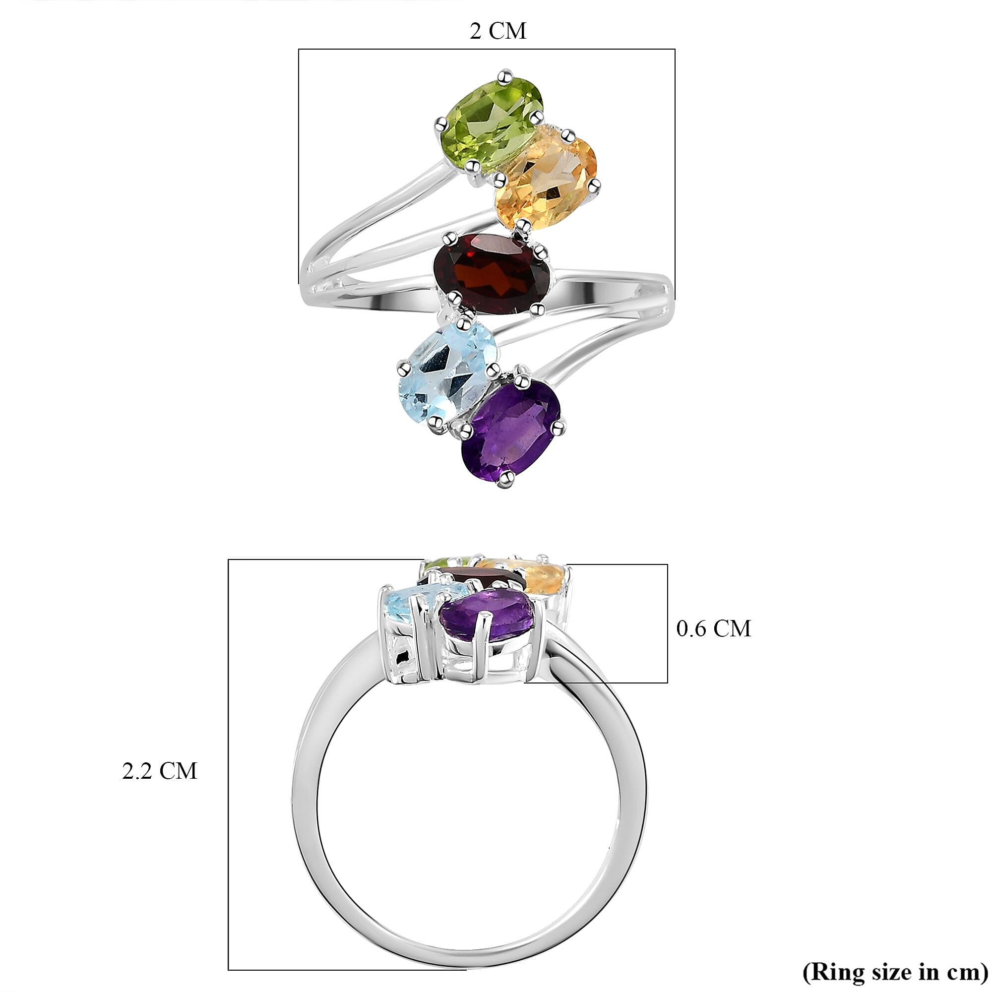 Sky Blue Topaz, Mozambique Garnet, Hebei Peridot and Multi Gemstone Bypass Ring in Sterling Silver 2.50 Ct