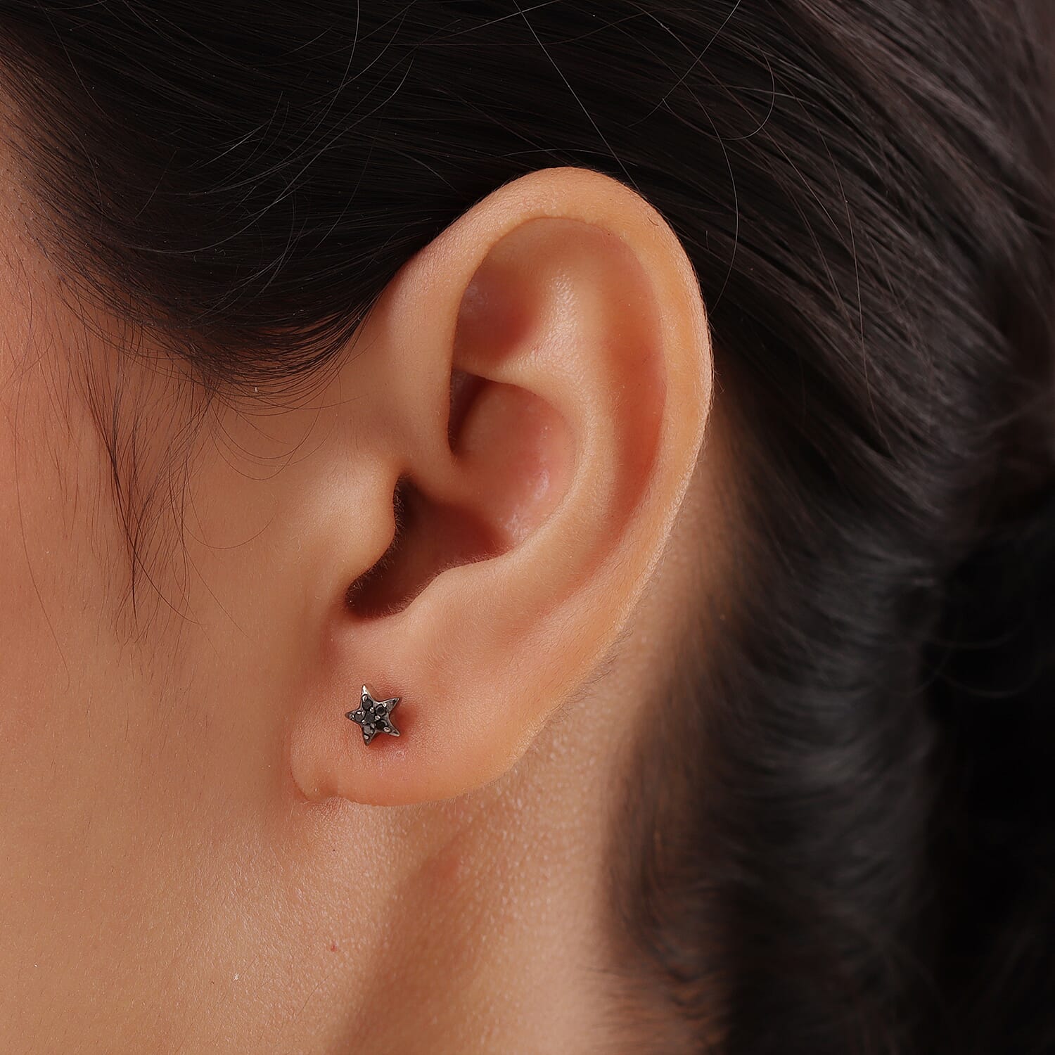 Black Diamond (Rnd) Star Stud Earrings (with Push Back) in Platinum and Black Overlay Sterling Silver