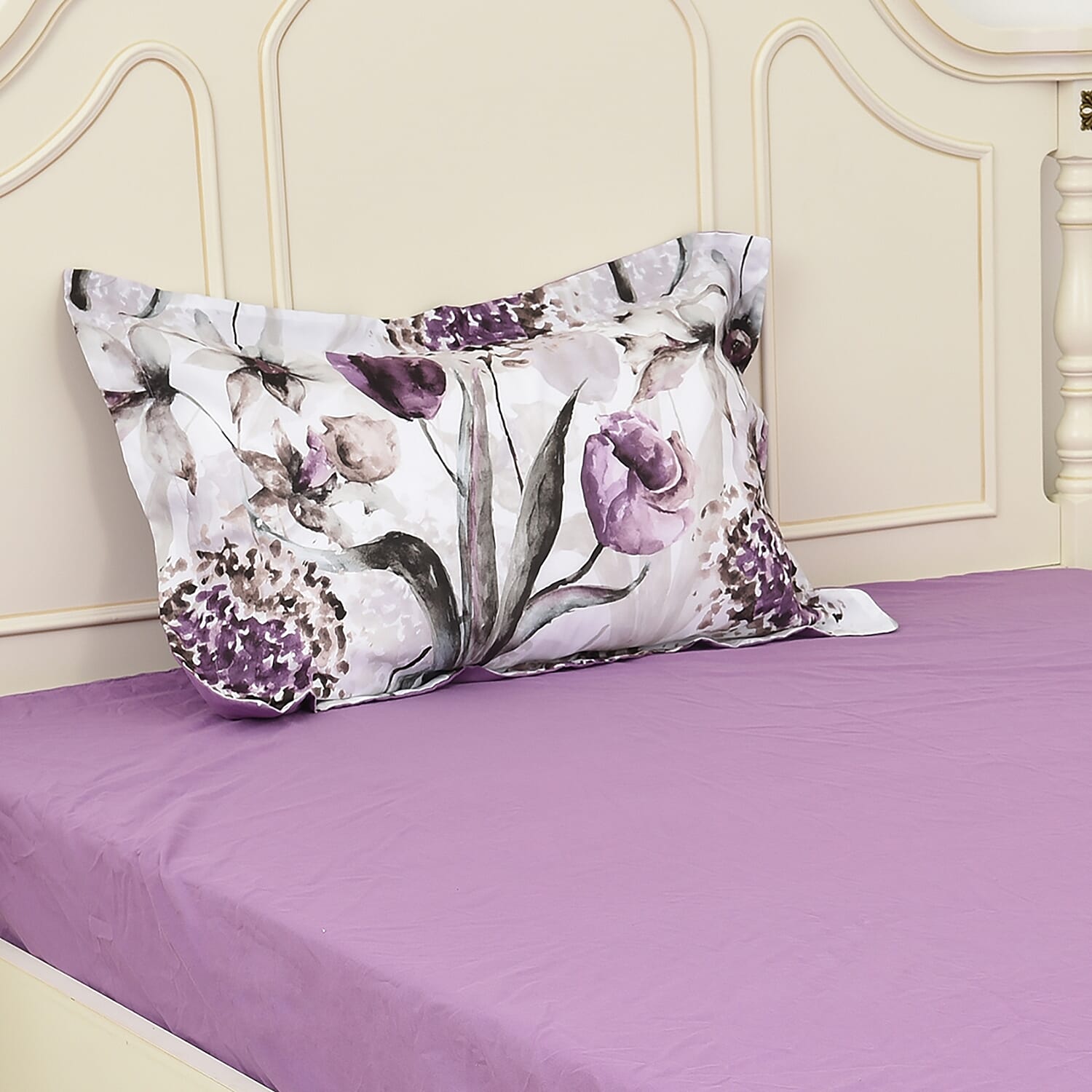 Set of 3 - Floral Pattern Comforter, Fitted Sheet and Pillow Case Single Size - Purple and Multi Colour
