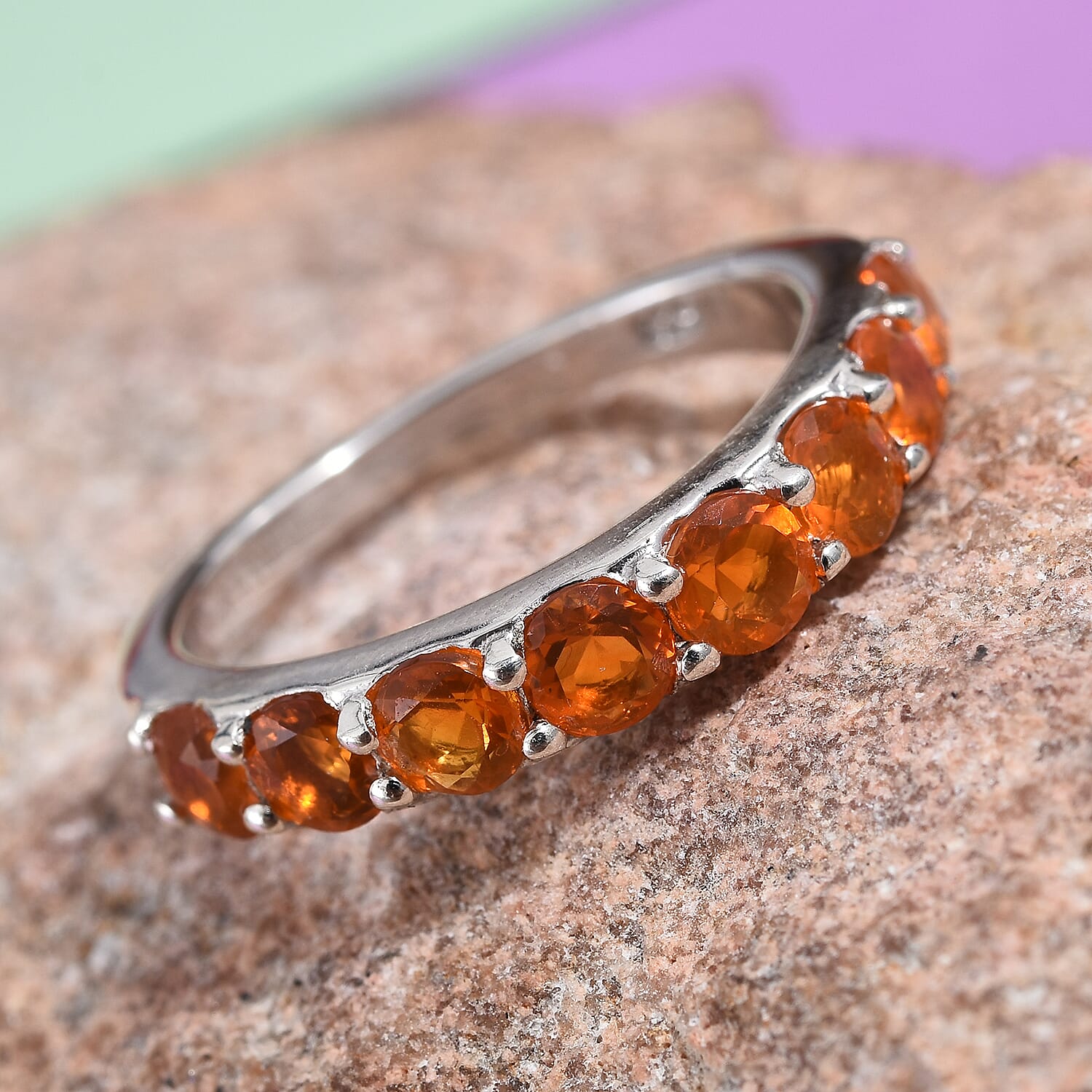 Jalisco Fire Opal (Rnd 3.5 mm) Band Ring in Platinum Overlay Sterling Silver 1.000 Ct.