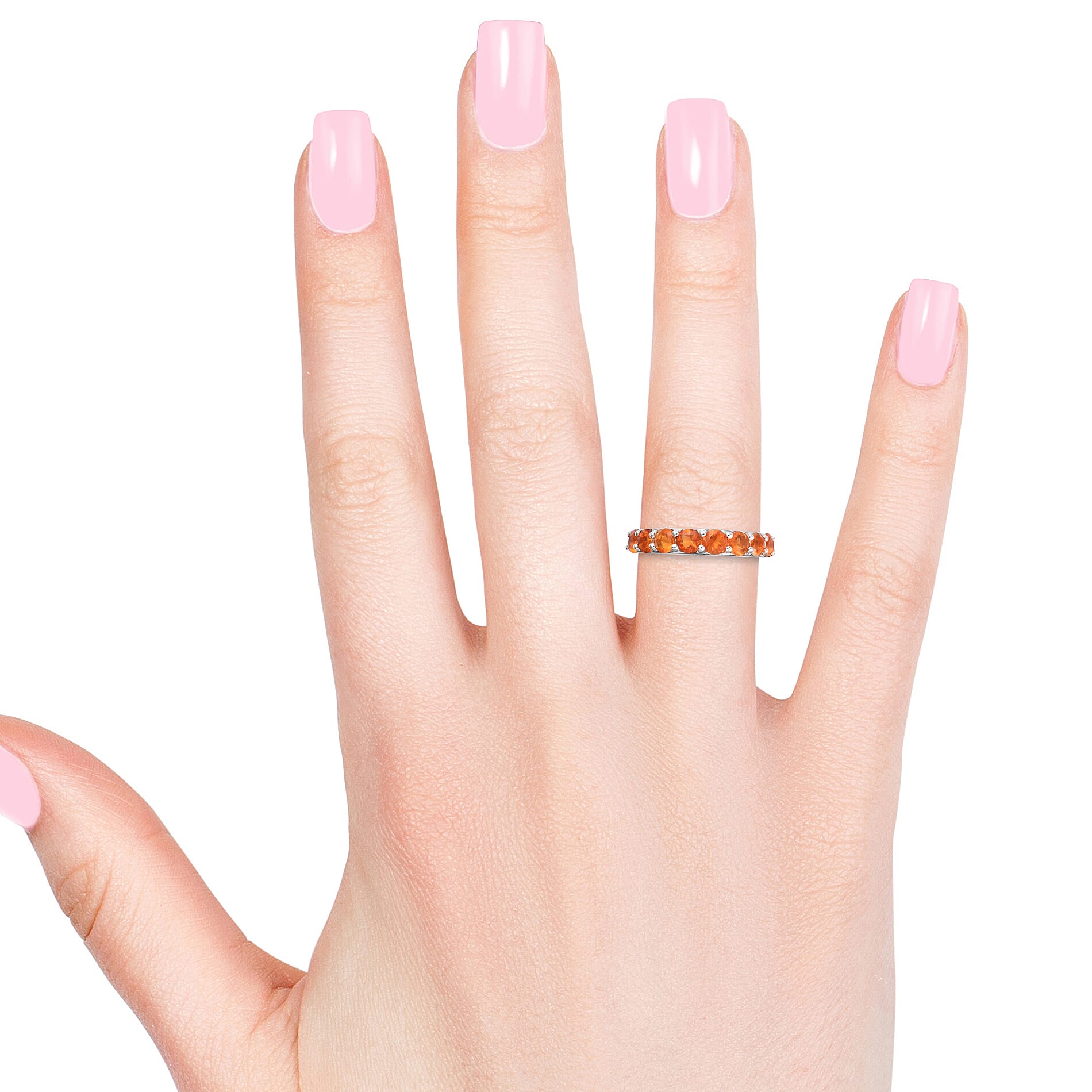 Jalisco Fire Opal (Rnd 3.5 mm) Band Ring in Platinum Overlay Sterling Silver 1.000 Ct.