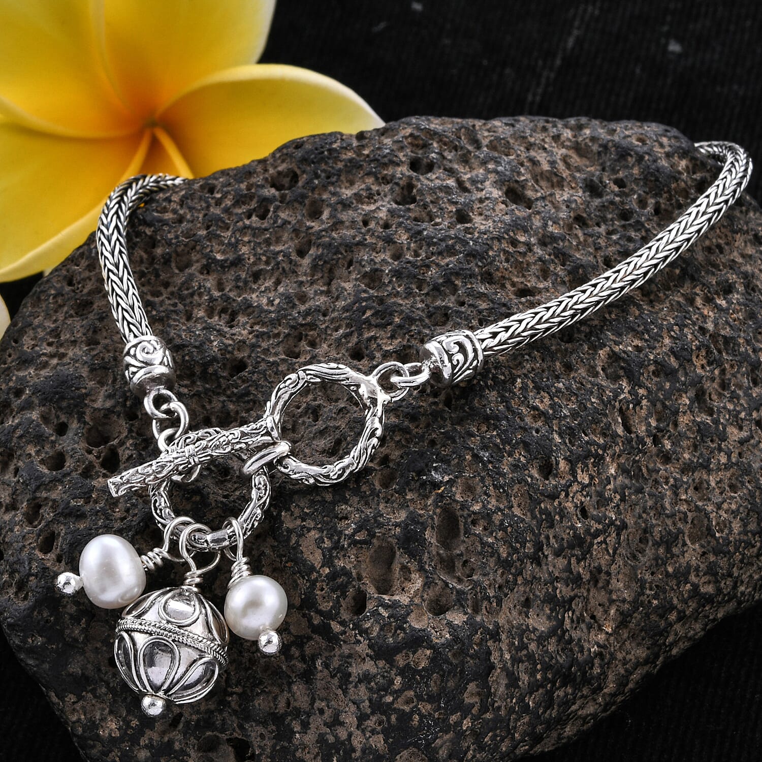 Royal Bali Collection Freshwater Pearl Tulang Naga Chain Bracelet (Size 7.75 with Extender) in Sterling Silver, Silver wt 12.21 Gms