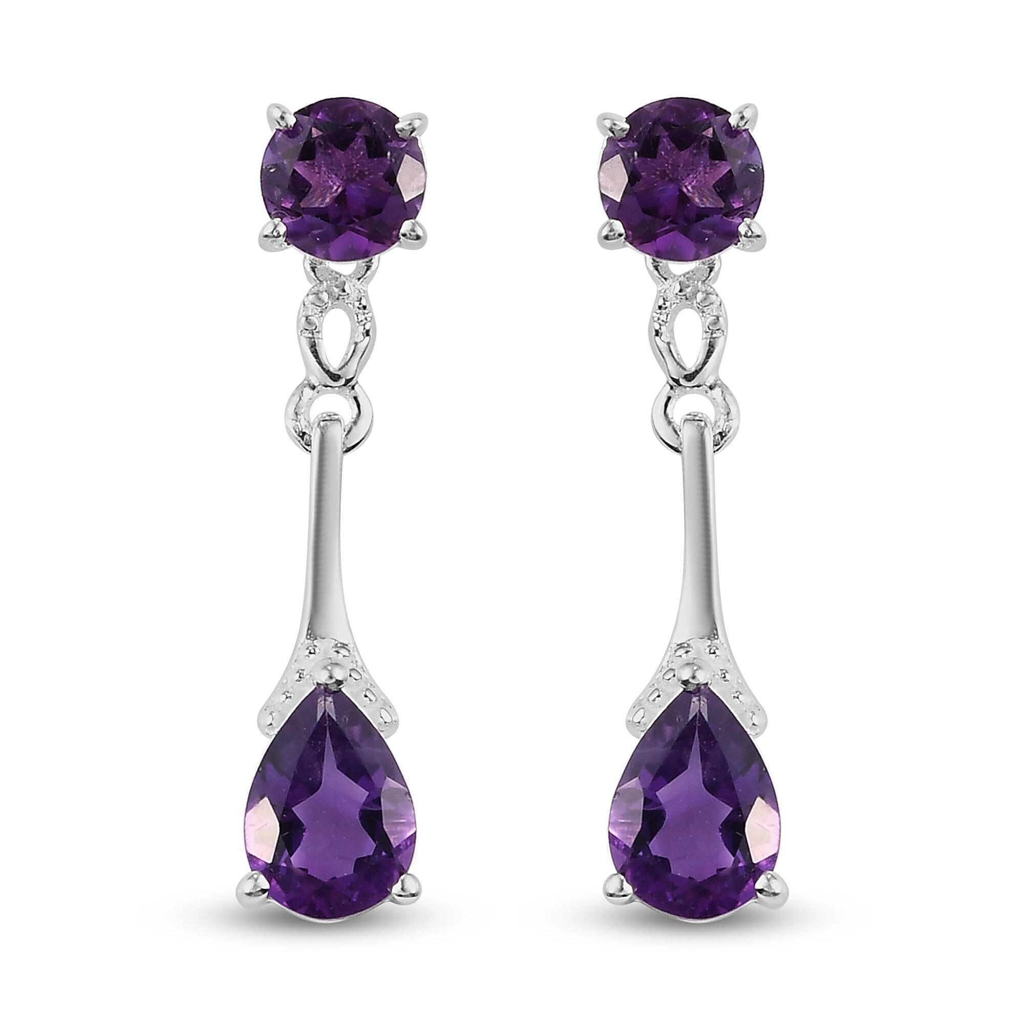 Amethyst Pear & Round Cut Dangle Earrings with Push Back in Sterling Silver 2.07 Ct.
