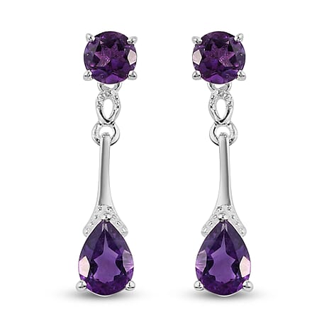 Amethyst Pear & Round Cut Dangle Earrings with Push Back in Sterling Silver 2.07 Ct.