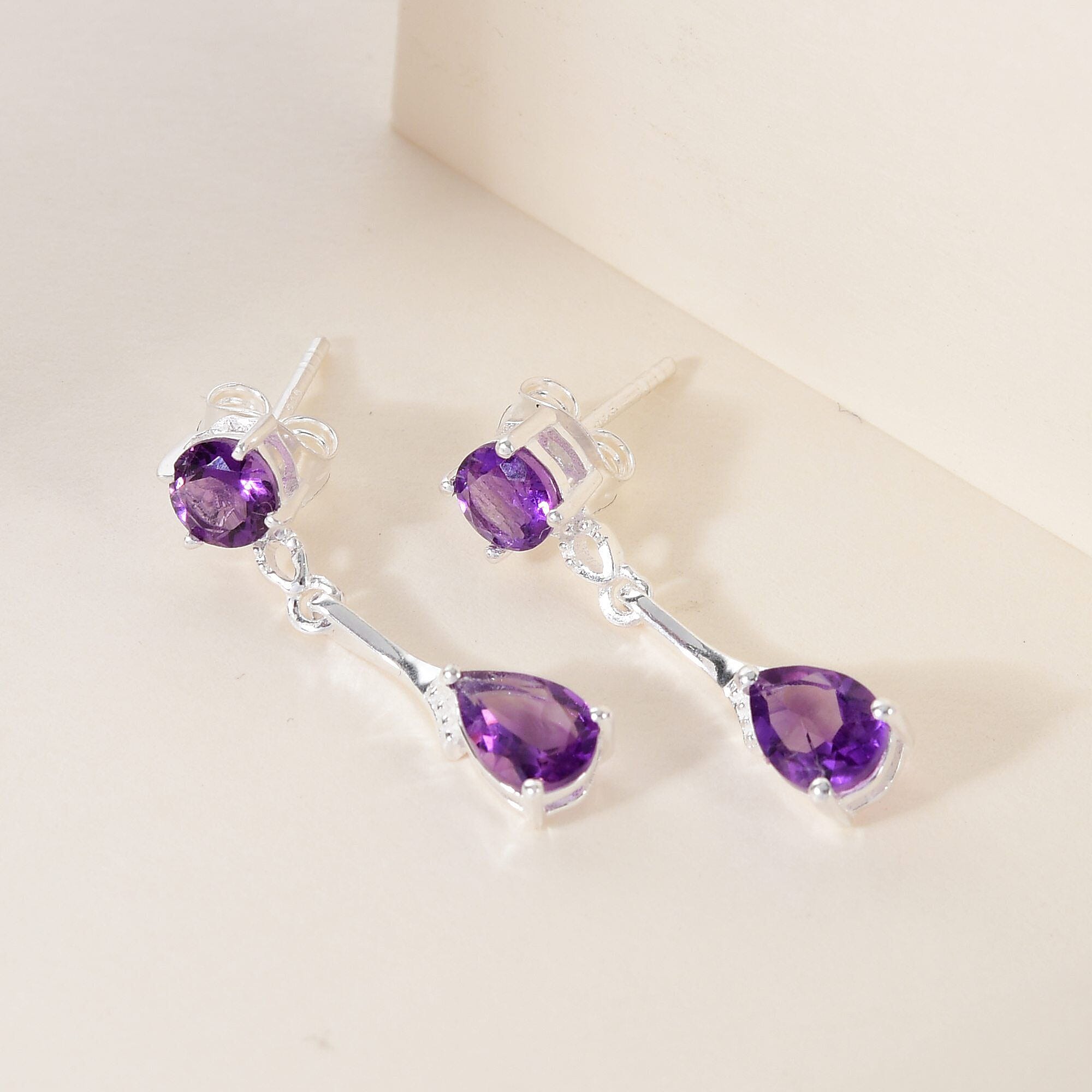 Amethyst Pear & Round Cut Dangle Earrings with Push Back in Sterling Silver 2.07 Ct.