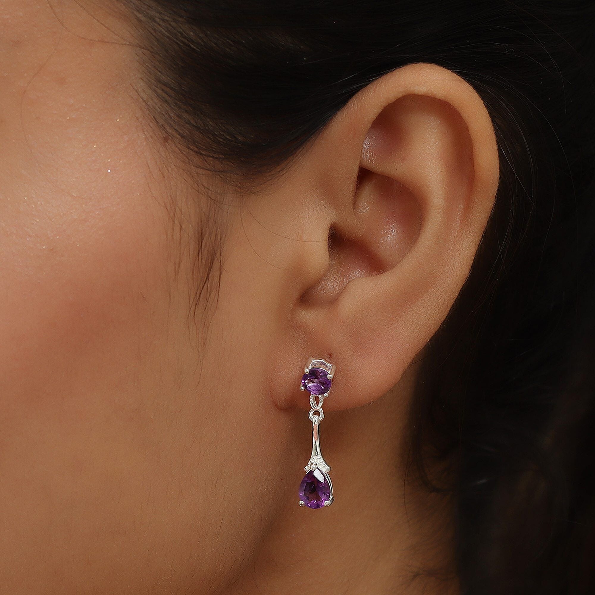 Amethyst Pear & Round Cut Dangle Earrings with Push Back in Sterling Silver 2.07 Ct.