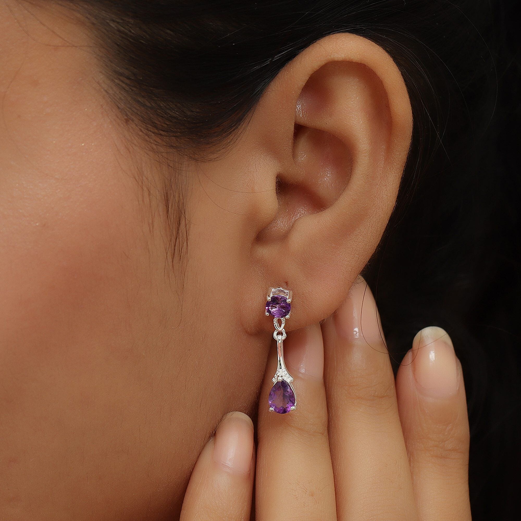 Amethyst Pear & Round Cut Dangle Earrings with Push Back in Sterling Silver 2.07 Ct.