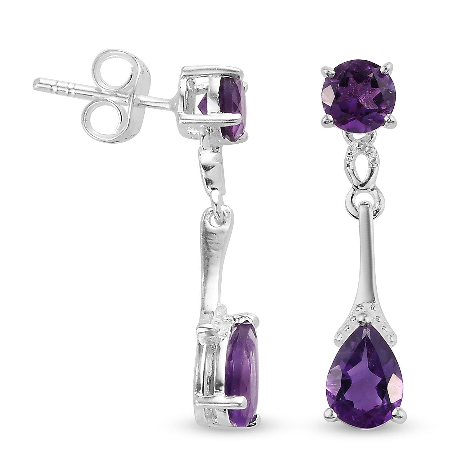 Amethyst Pear & Round Cut Dangle Earrings with Push Back in Sterling Silver 2.07 Ct.