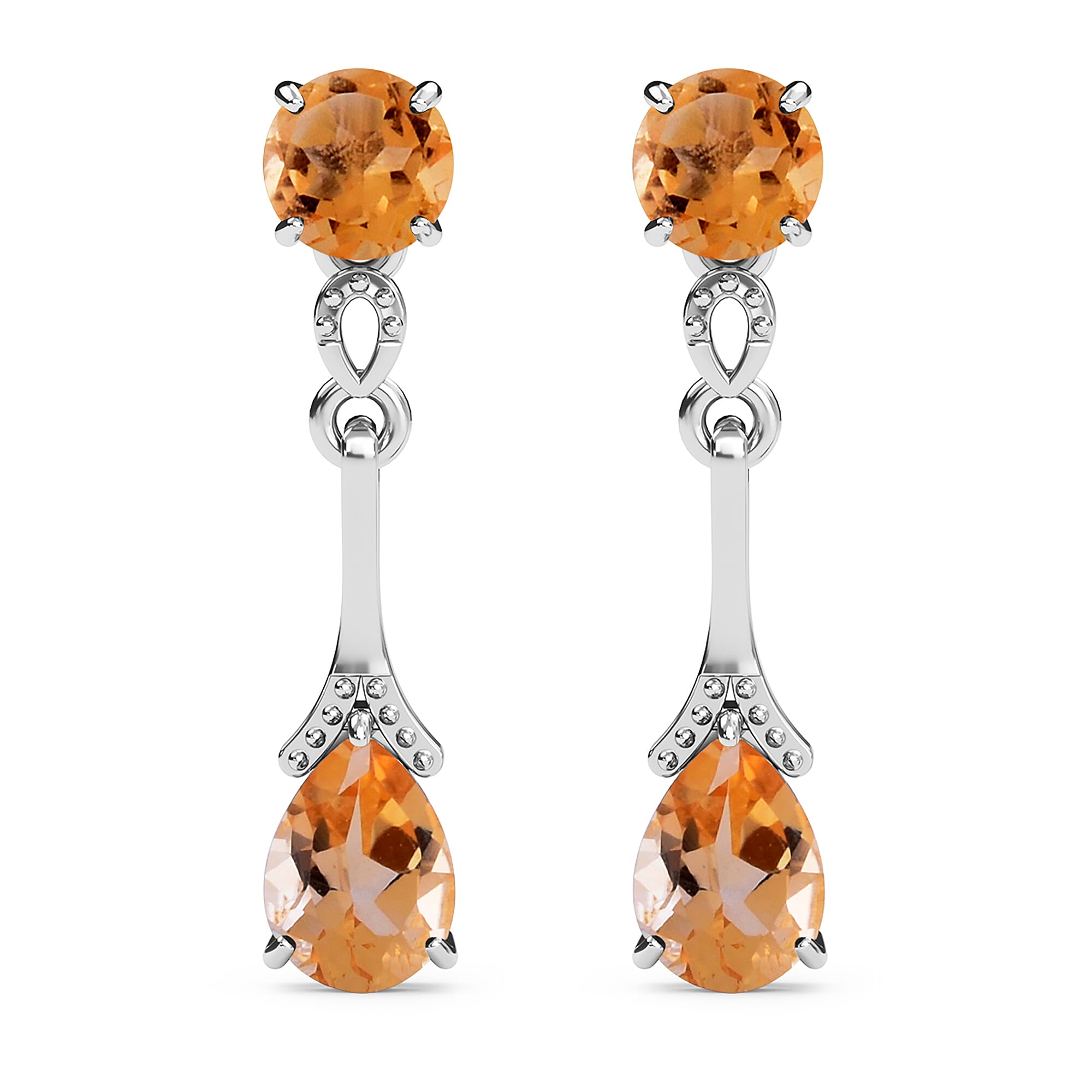 Citrine (Pear and Rnd) Earrings (with Push Back) in Sterling Silver 2.00 Ct.