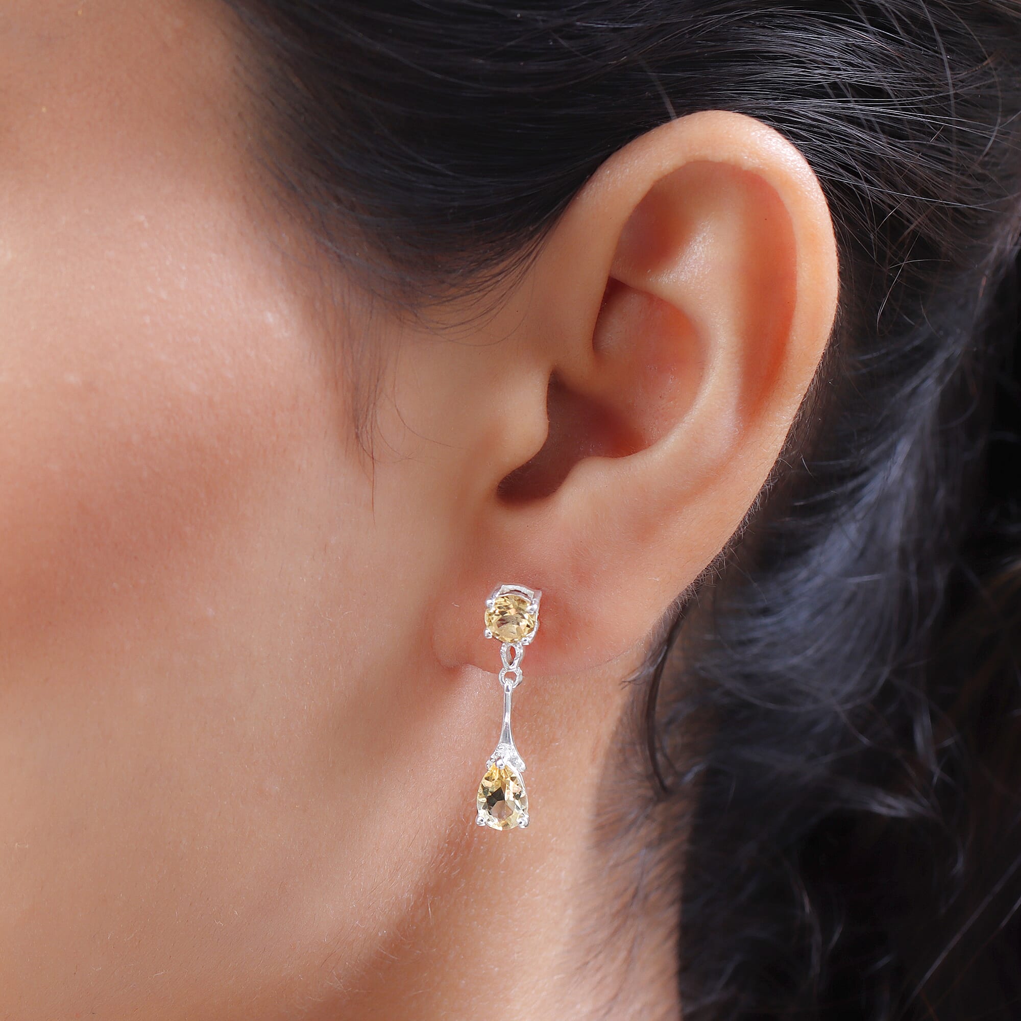 Citrine (Pear and Rnd) Earrings (with Push Back) in Sterling Silver 2.00 Ct.