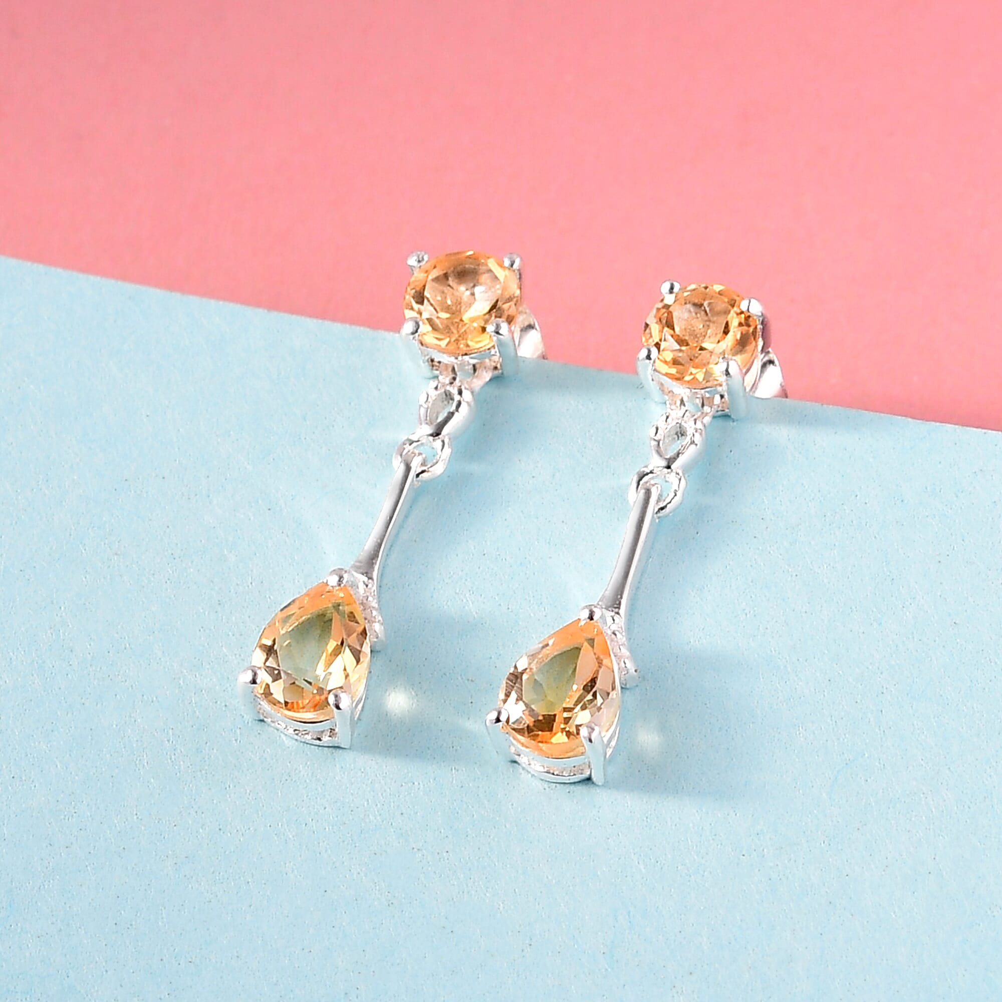 Citrine (Pear and Rnd) Earrings (with Push Back) in Sterling Silver 2.00 Ct.