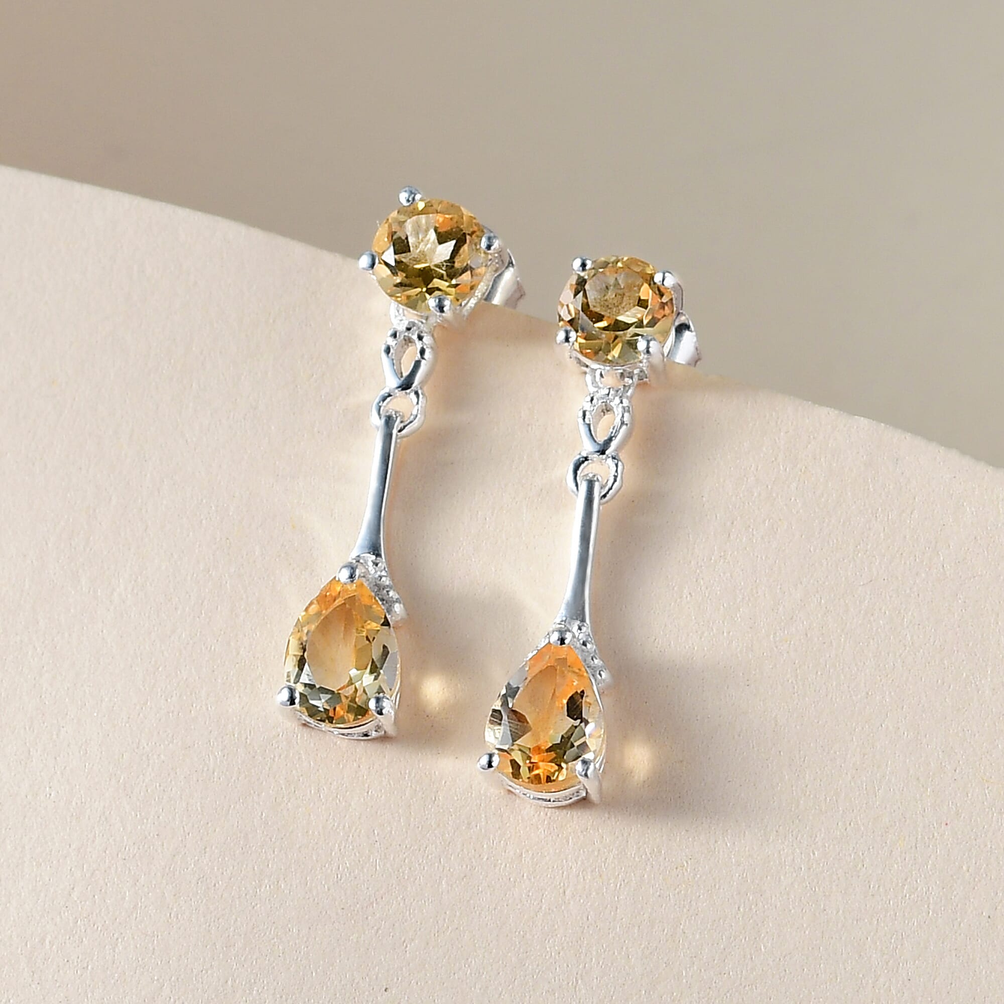 Citrine (Pear and Rnd) Earrings (with Push Back) in Sterling Silver 2.00 Ct.