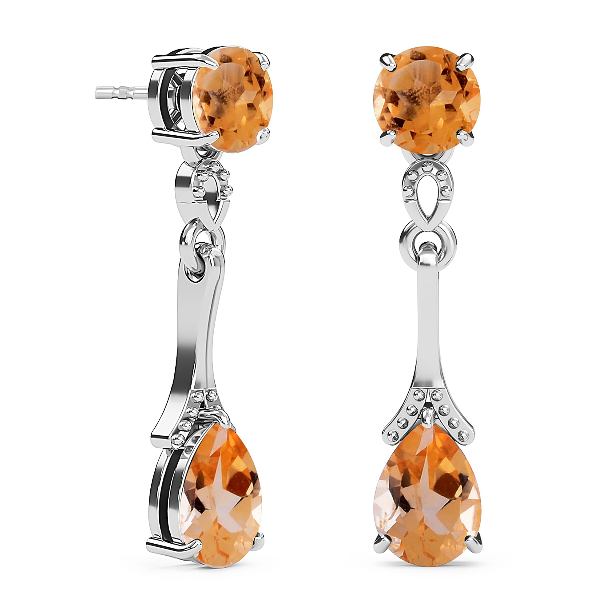 Citrine (Pear and Rnd) Earrings (with Push Back) in Sterling Silver 2.00 Ct.