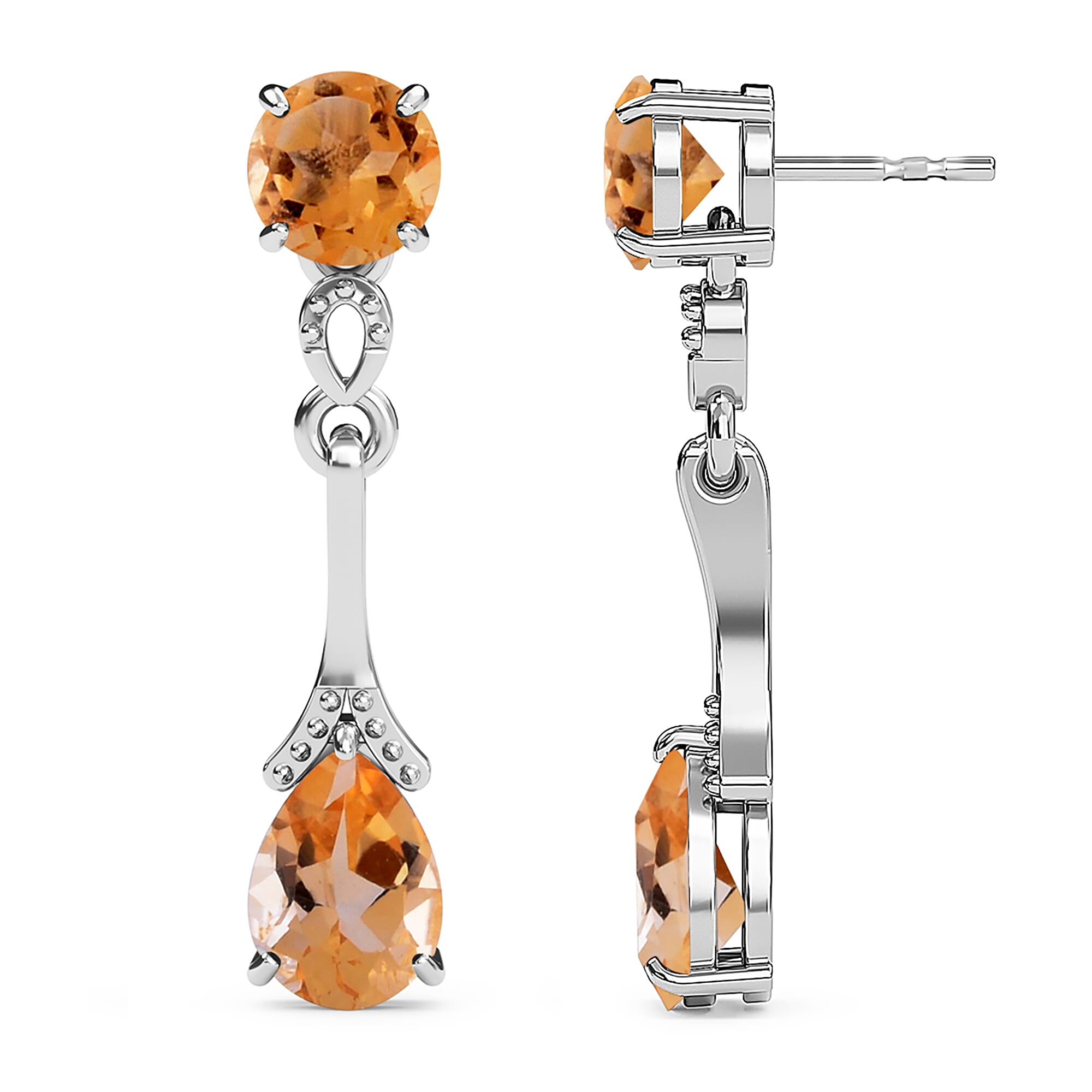 Citrine (Pear and Rnd) Earrings (with Push Back) in Sterling Silver 2.00 Ct.