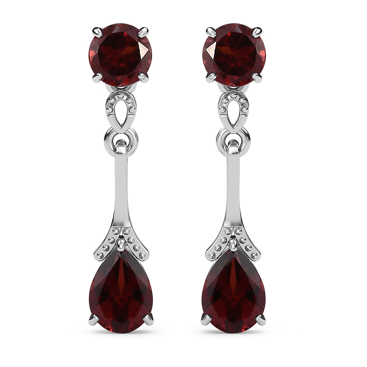 Royal Bali Collection - Mozambique Garnet (Pear and Rnd) Dangle Earrings with Puh Back in Platinum Overlay Sterling Silver 2.00 Ct.