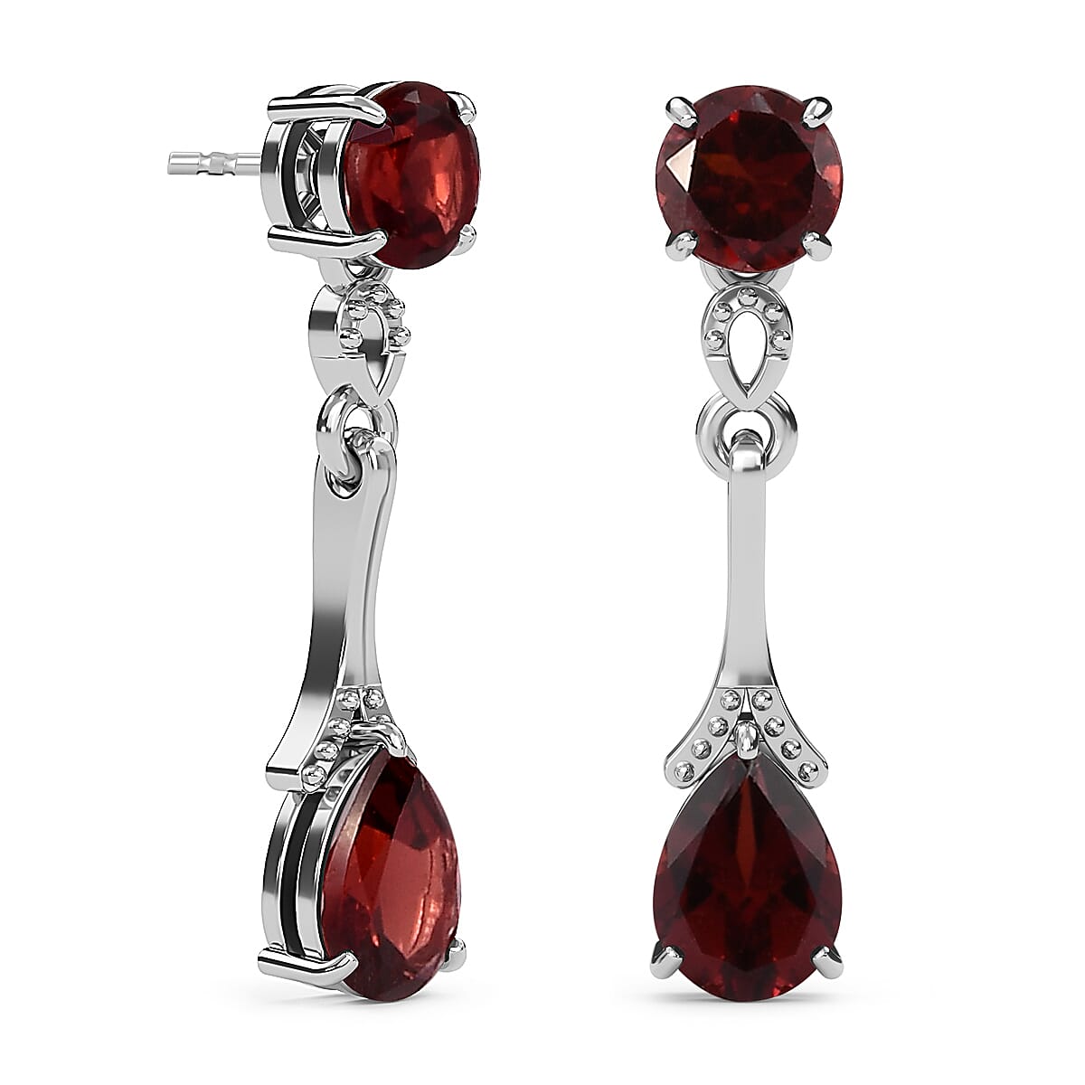 Royal Bali Collection - Mozambique Garnet (Pear and Rnd) Dangle Earrings with Puh Back in Platinum Overlay Sterling Silver 2.00 Ct.
