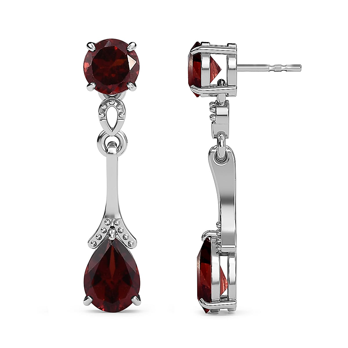Royal Bali Collection - Mozambique Garnet (Pear and Rnd) Dangle Earrings with Puh Back in Platinum Overlay Sterling Silver 2.00 Ct.