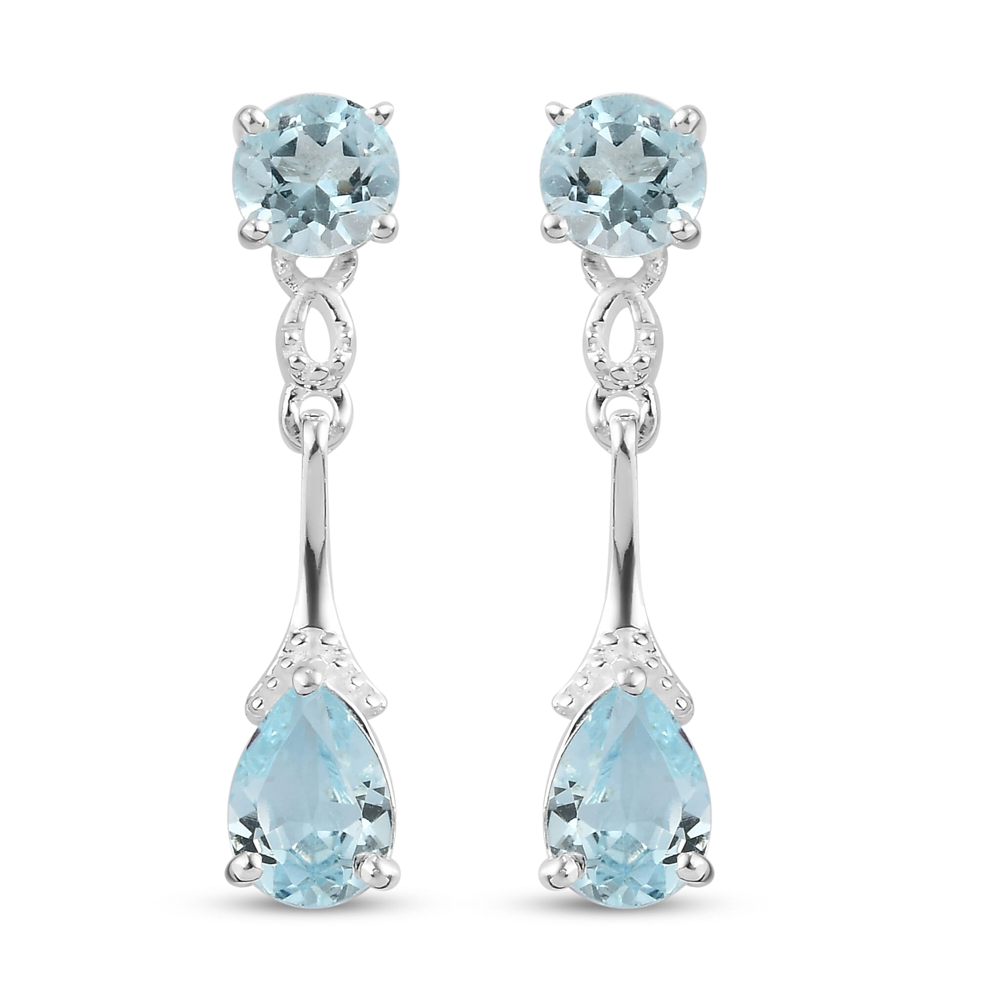 Sky Blue Topaz (Pear and Rnd) Dangle Earrings (with Push Back) in Sterling Silver 3.10 Ct.
