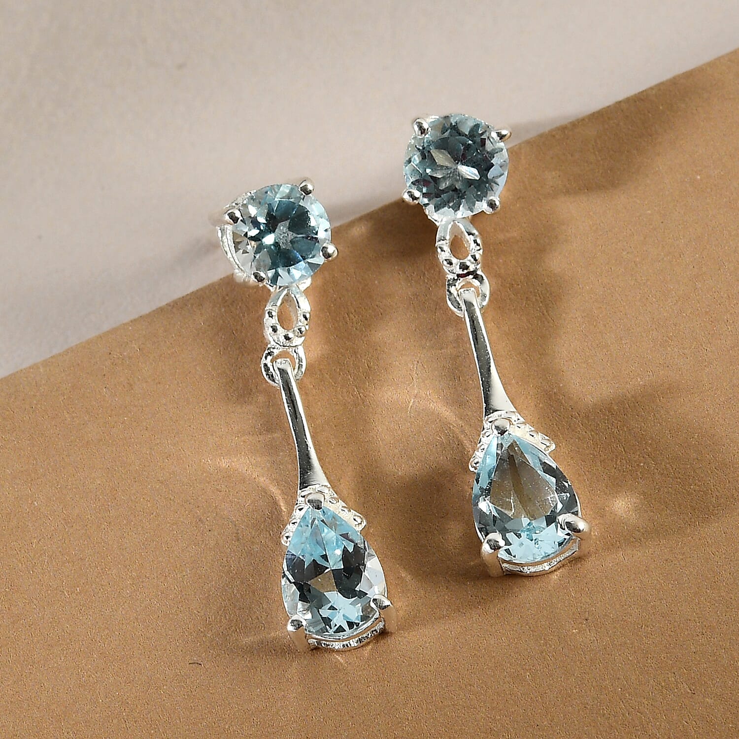 Sky Blue Topaz (Pear and Rnd) Dangle Earrings (with Push Back) in Sterling Silver 3.10 Ct.