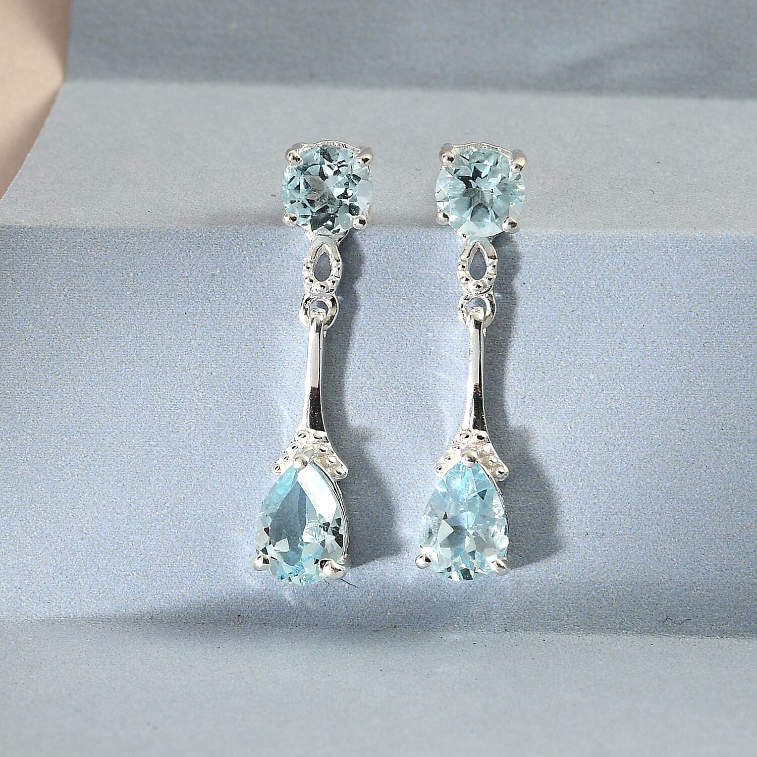 Sky Blue Topaz (Pear and Rnd) Dangle Earrings (with Push Back) in Sterling Silver 3.10 Ct.