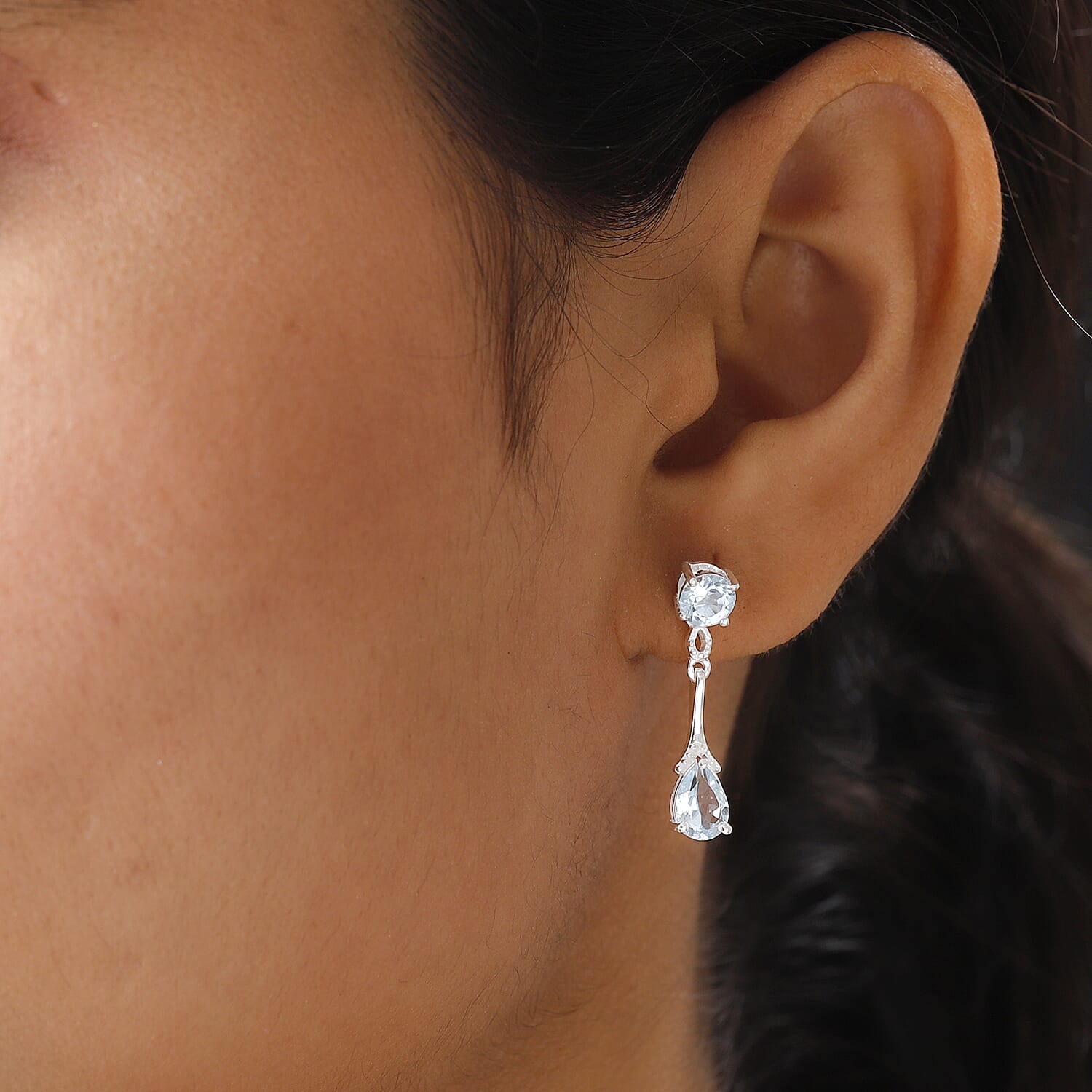 Sky Blue Topaz (Pear and Rnd) Dangle Earrings (with Push Back) in Sterling Silver 3.10 Ct.