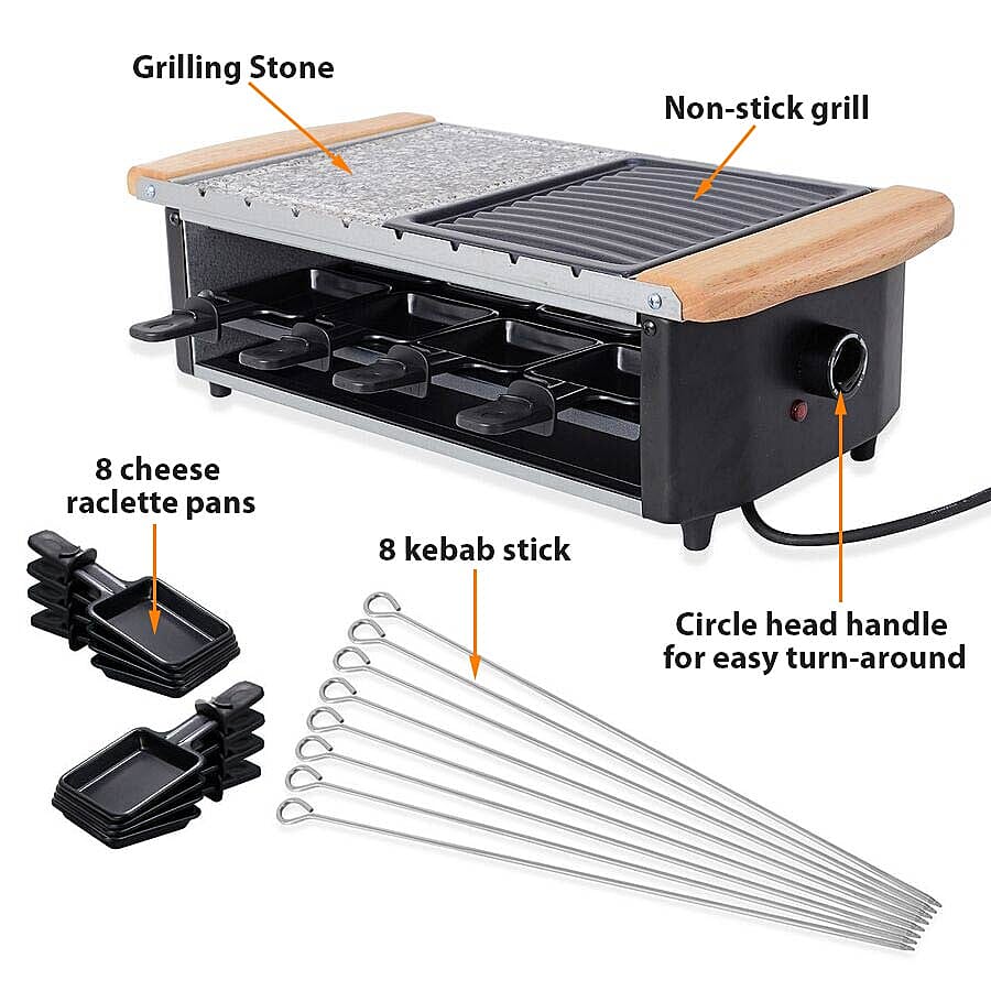 Multifunctional Raclette Grill with 8 Skewers and Granite Plate (Serves 8 People)