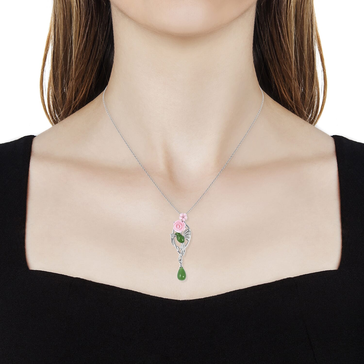 Green Jade, Pink Mother of Pearl and Natural White Cambodian Zircon Pendant With Chain (Size 18) in Rhodium Overlay Sterling Silver 10.365 Ct.
