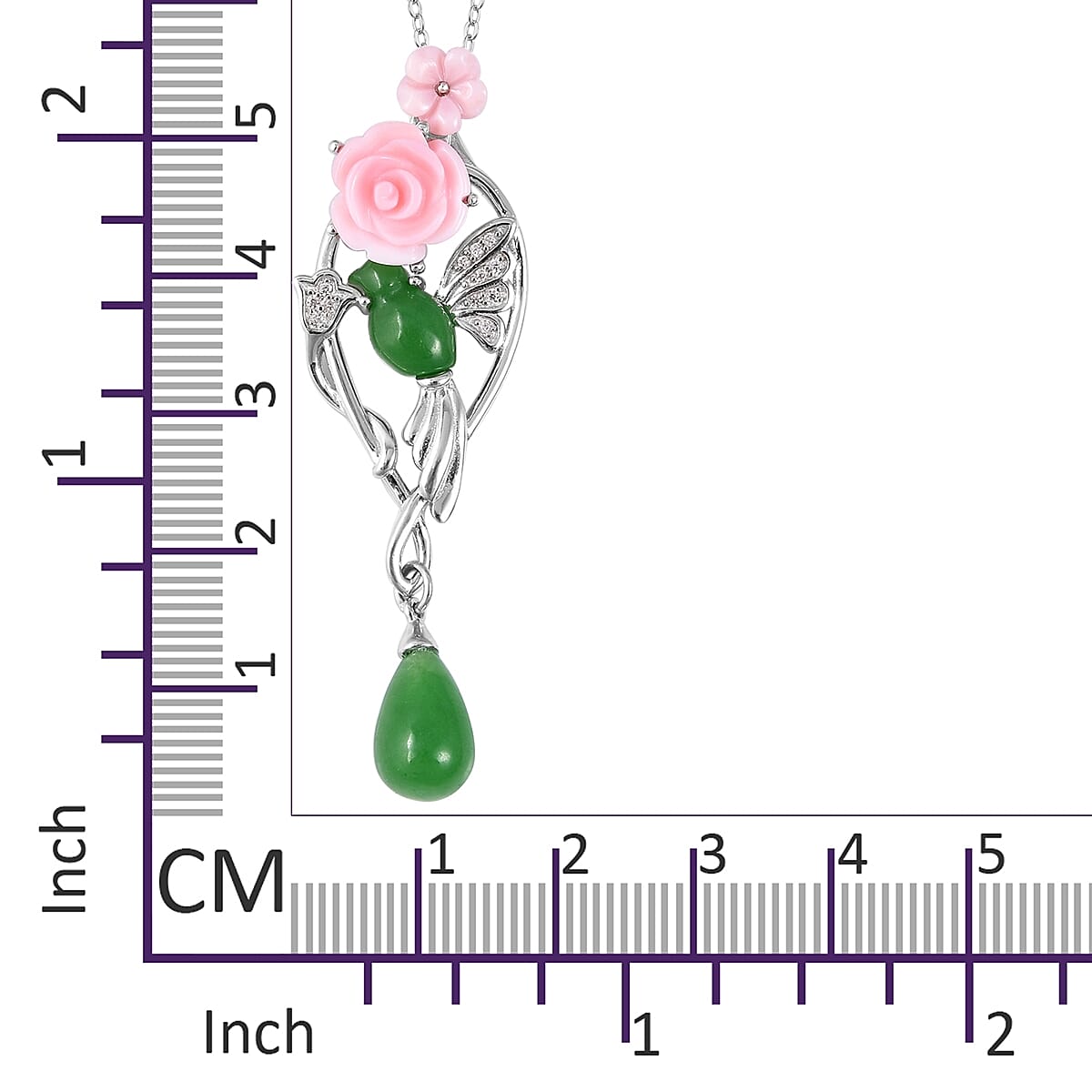 Green Jade, Pink Mother of Pearl and Natural White Cambodian Zircon Pendant With Chain (Size 18) in Rhodium Overlay Sterling Silver 10.365 Ct.