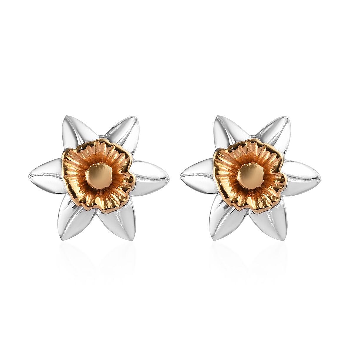 Platinum and Yellow Gold Overlay Sterling Silver Floral Stud Earrings (with Push Back)