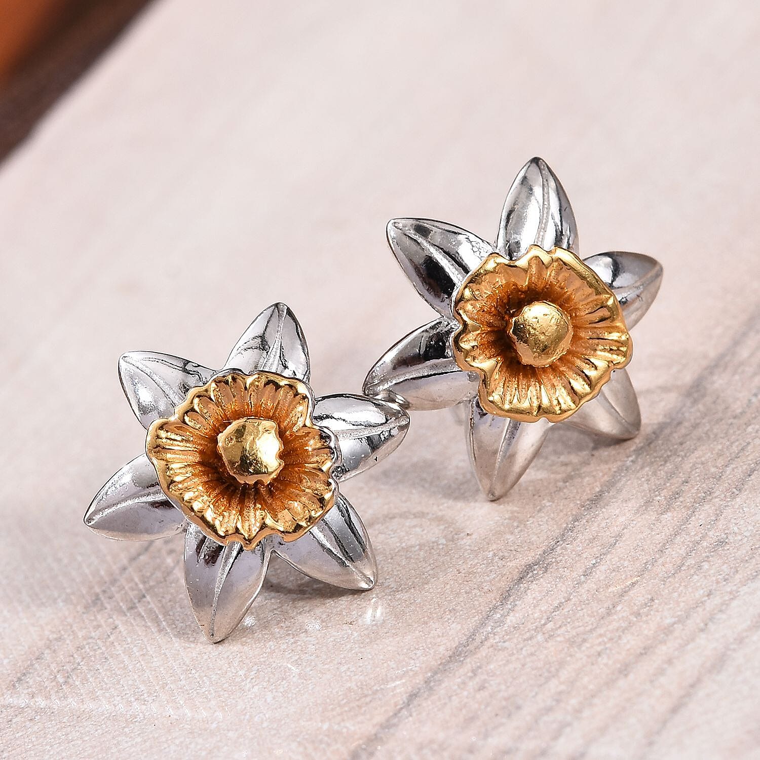 Platinum and Yellow Gold Overlay Sterling Silver Floral Stud Earrings (with Push Back)