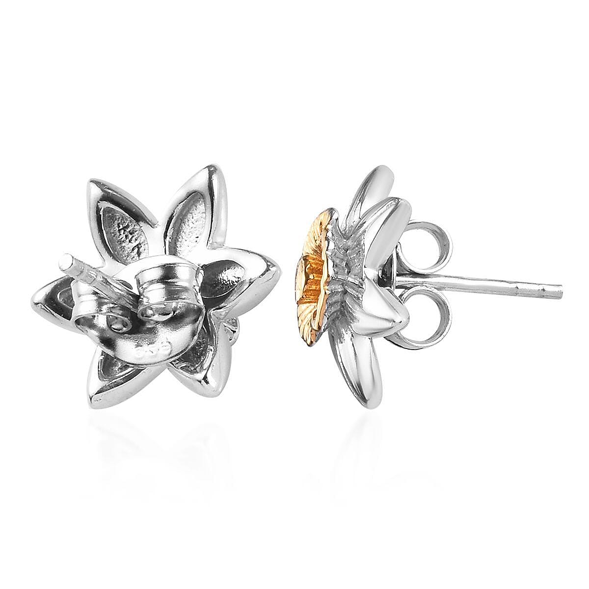 Platinum and Yellow Gold Overlay Sterling Silver Floral Stud Earrings (with Push Back)