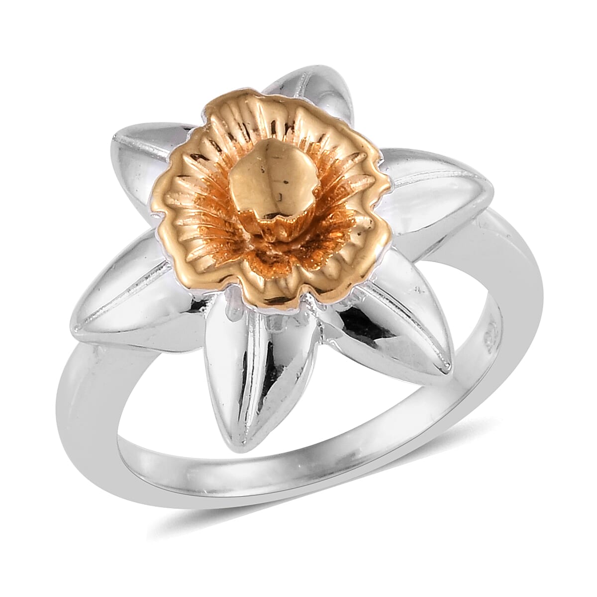 Platinum and Yellow Gold Overlay Sterling Silver Daffodil Flower Ring