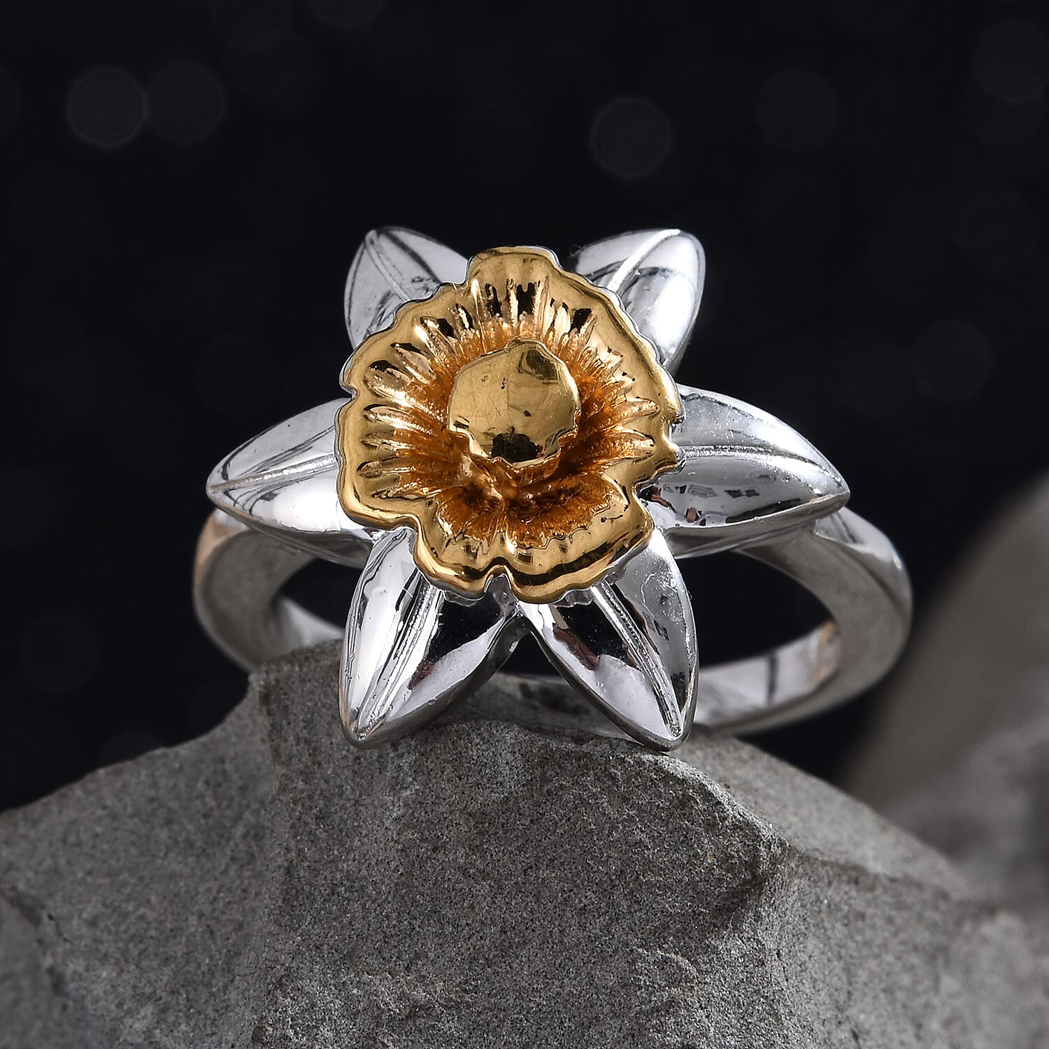 Platinum and Yellow Gold Overlay Sterling Silver Daffodil Flower Ring