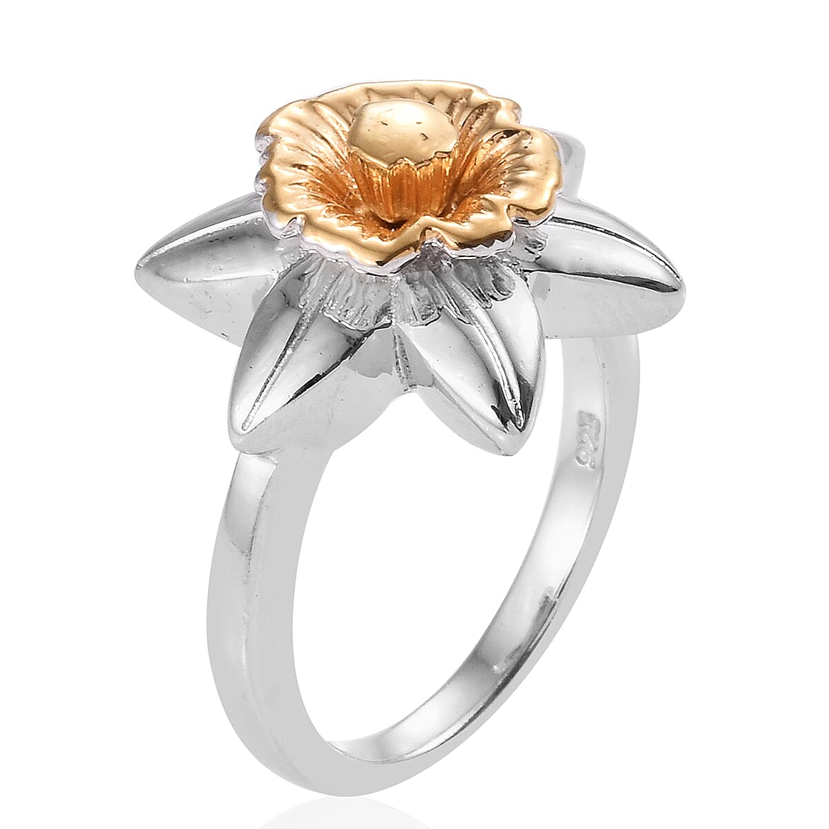 Platinum and Yellow Gold Overlay Sterling Silver Daffodil Flower Ring