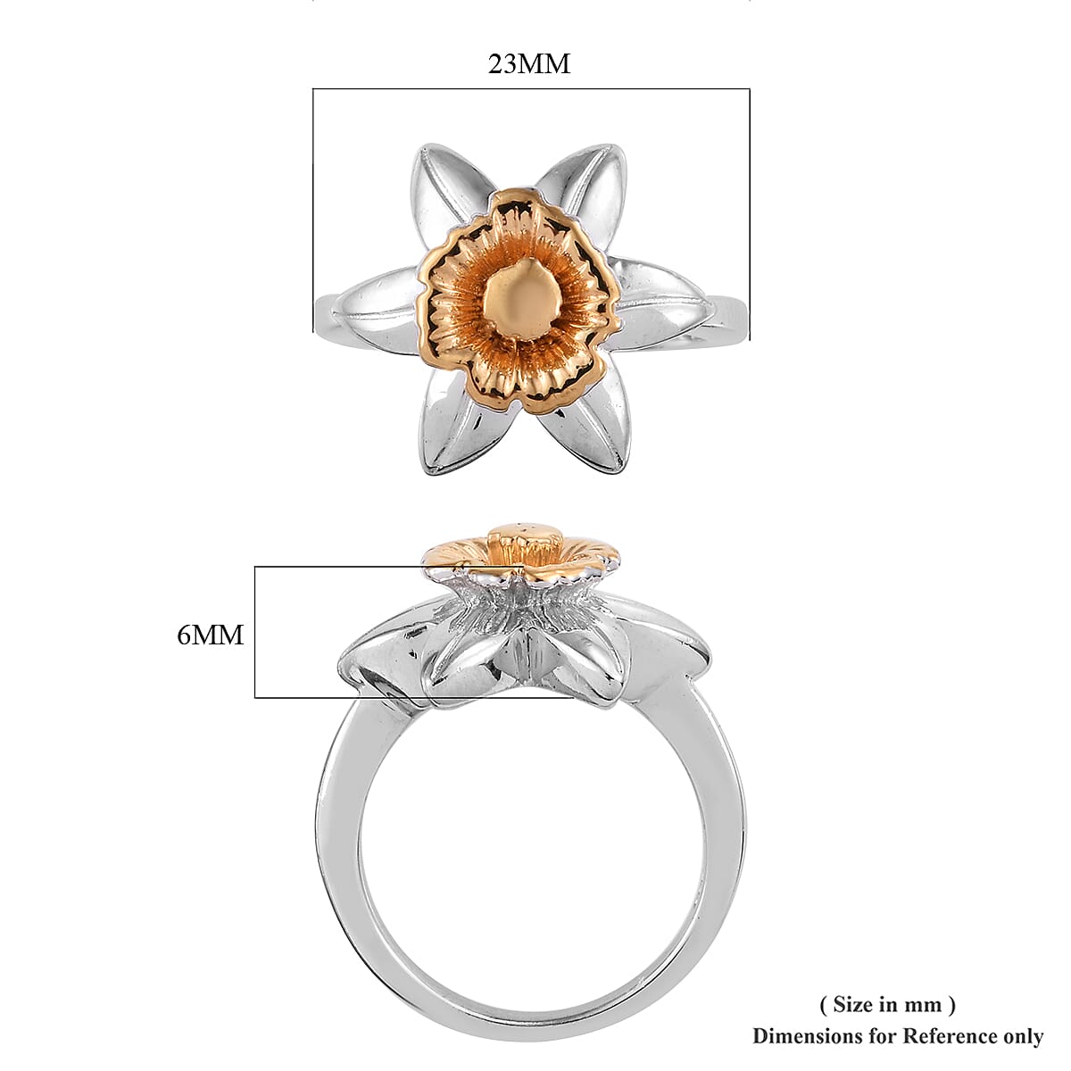 Platinum and Yellow Gold Overlay Sterling Silver Daffodil Flower Ring