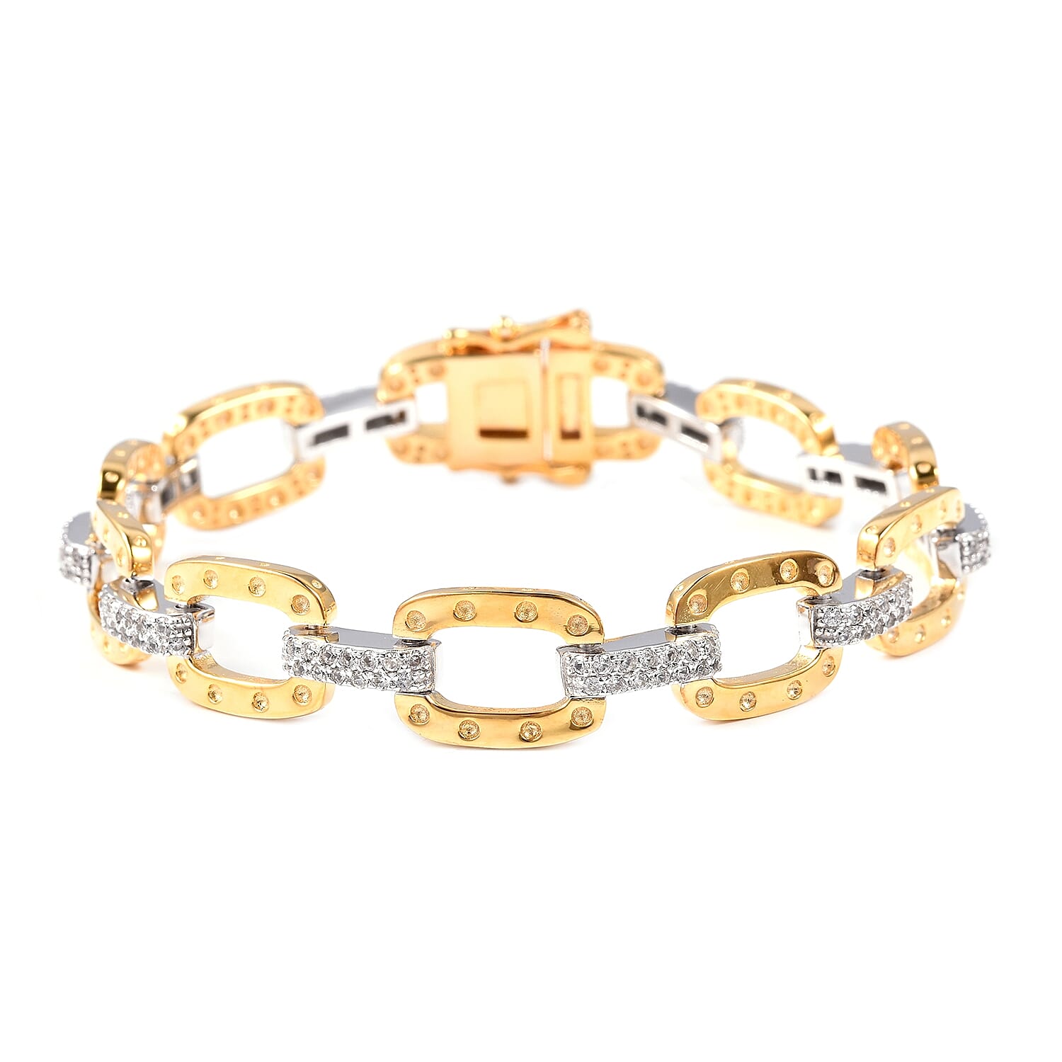 RACHEL GALLEY - Majestic Collection- Natural White Cambodian Zircon (Rnd) Bracelet (Size 6.75) in Rhodium and Yellow Gold Plated Sterling Silver