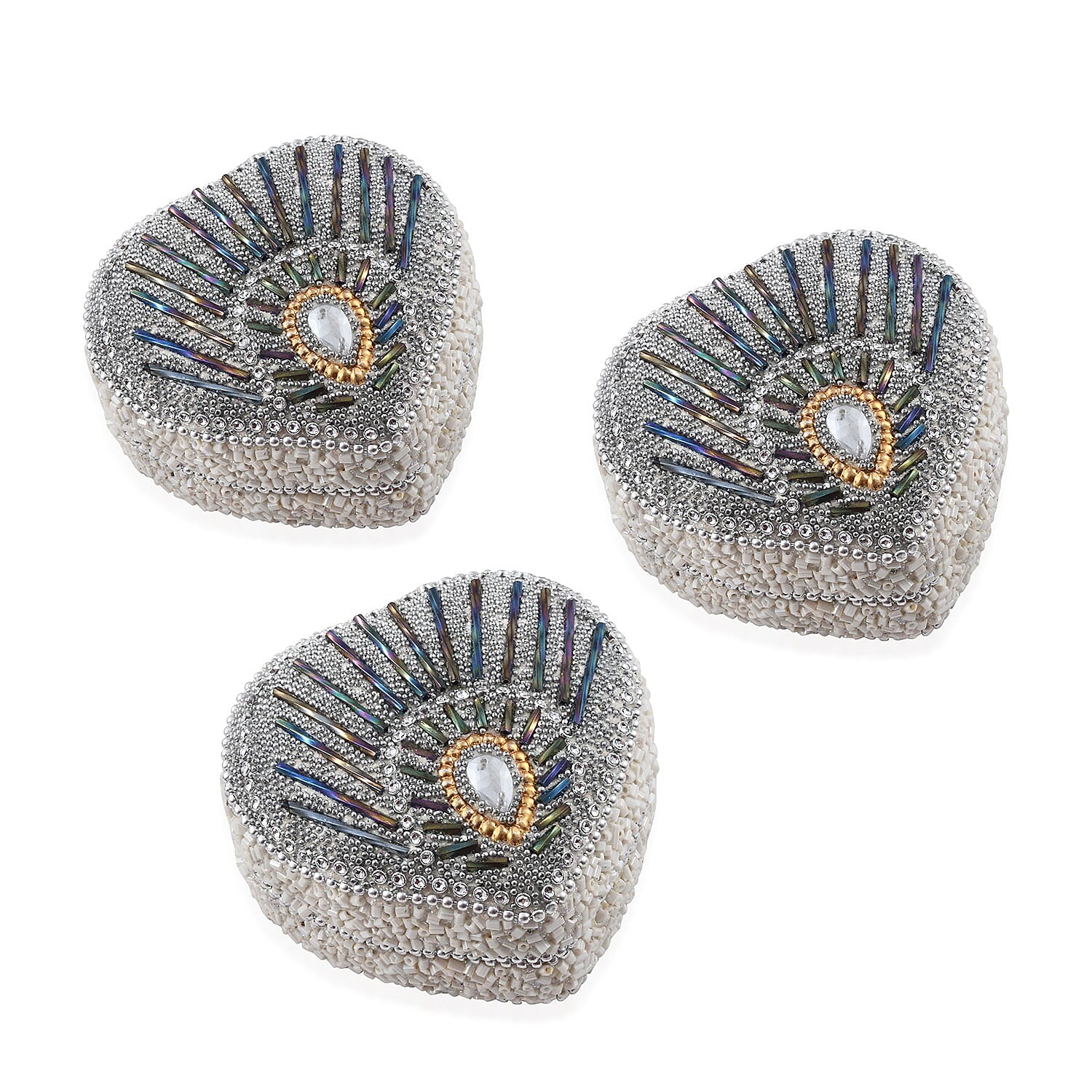 Set of 3 - Ivory Colour Heart Shaped Beaded Box Candles in Orchid Vanilla Fragrance (Size 7.6x7.6x3.8 Cm)