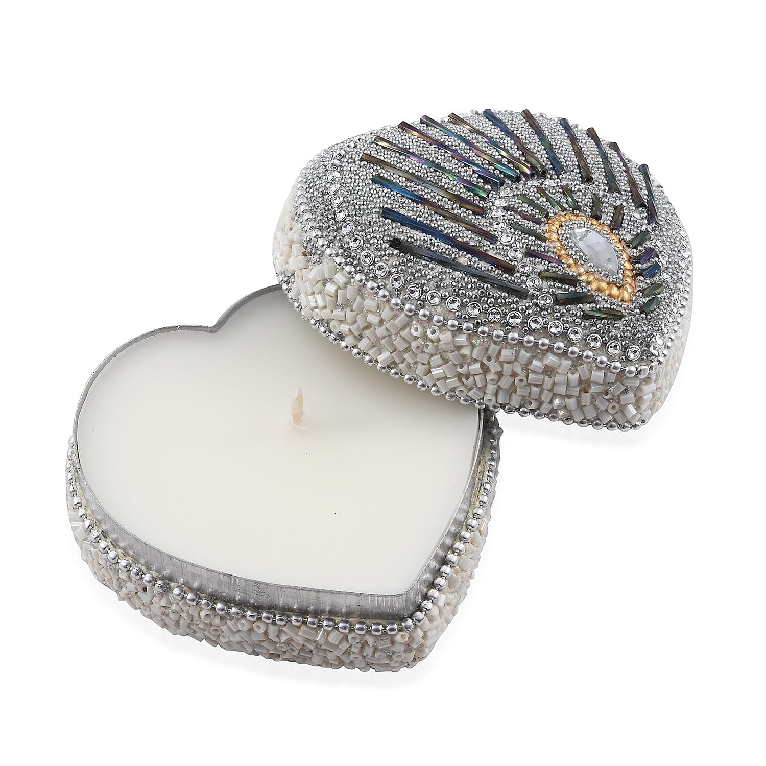 Set of 3 - Ivory Colour Heart Shaped Beaded Box Candles in Orchid Vanilla Fragrance (Size 7.6x7.6x3.8 Cm)