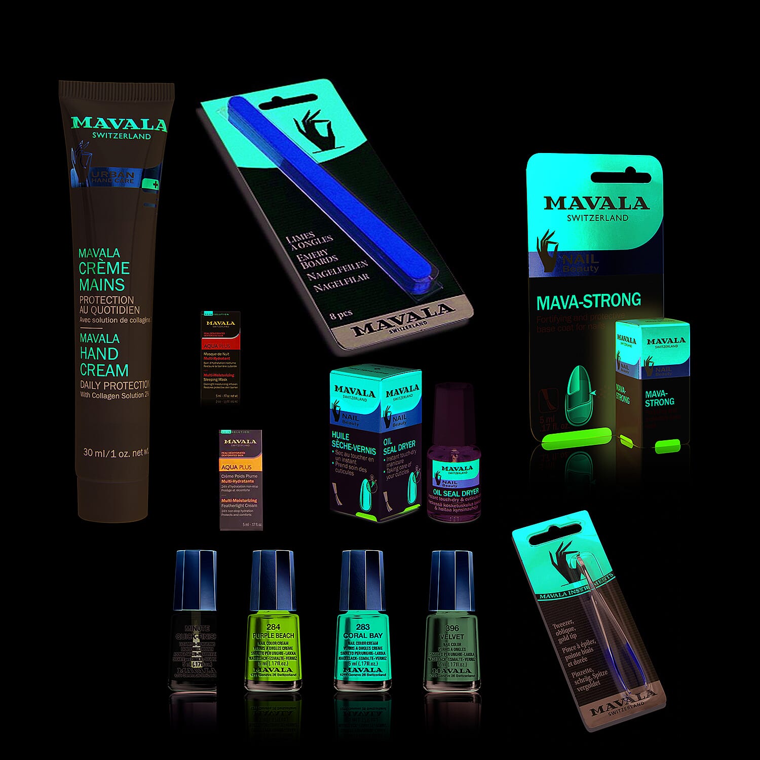 Mavala: Nail Care Purse (Incl.Hand Cream - 30ml, Mava-Strong - 5ml, Oil Seal Dryer, Coral Bay, Velvet, Quick Finish, Tweezers, Emery Board, Aqua Plus Serum - 5ml & Feather Light Day Cream - 5ml)