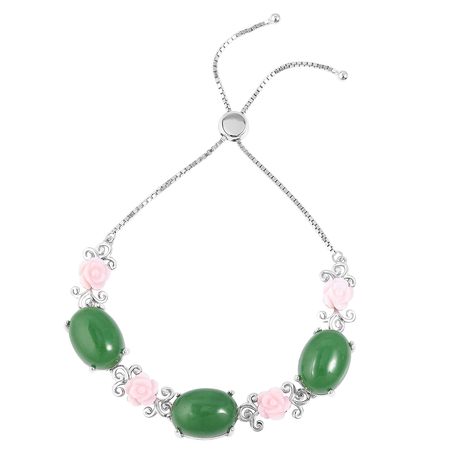Green Jade (Ovl 35.25 Ct), Pink Mother of Pearl Bracelet (Size 6.5 to 9 Adjustable) in Rhodium Overlay Sterling Silver 41.75 Ct, Silver wt 11.72 Gms.