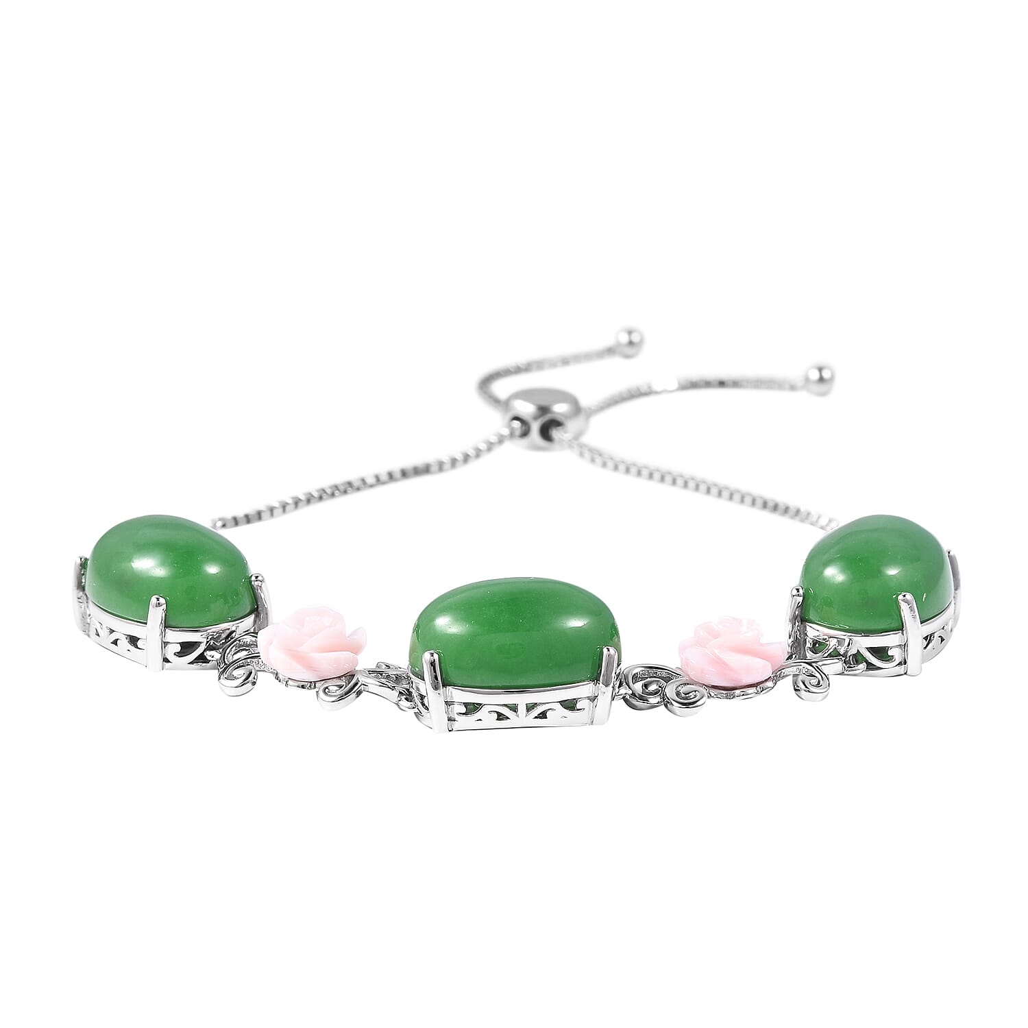 Green Jade (Ovl 35.25 Ct), Pink Mother of Pearl Bracelet (Size 6.5 to 9 Adjustable) in Rhodium Overlay Sterling Silver 41.75 Ct, Silver wt 11.72 Gms.