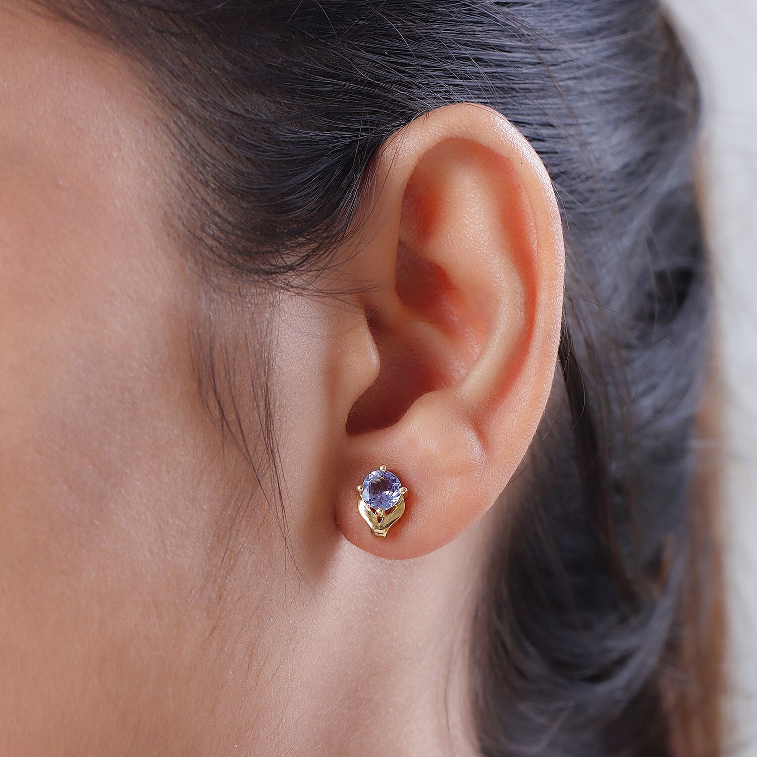 D'Joy Tanzanite (Rnd) Stud Earrings with Push Back in 18K Vermeil Yellow Gold Plated Sterling Silver